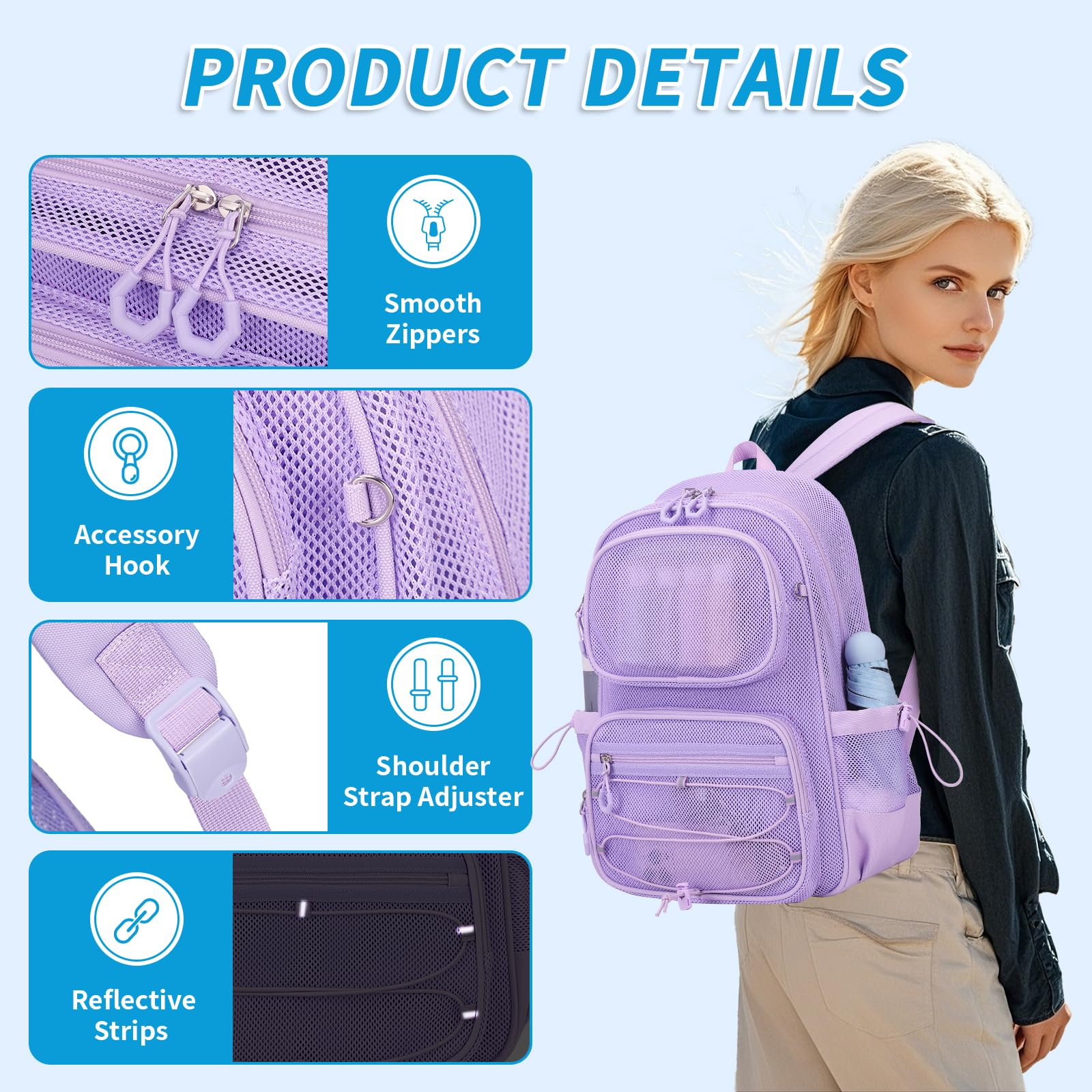 Breathable Mesh Backpack - Heavy Duty See Through Bookbag, Ultra Lightweight Transparent Net Backpack for School, Gym, Travel & Beach - Durable & Comfortable for Sports & Outdoor Activities - Purple