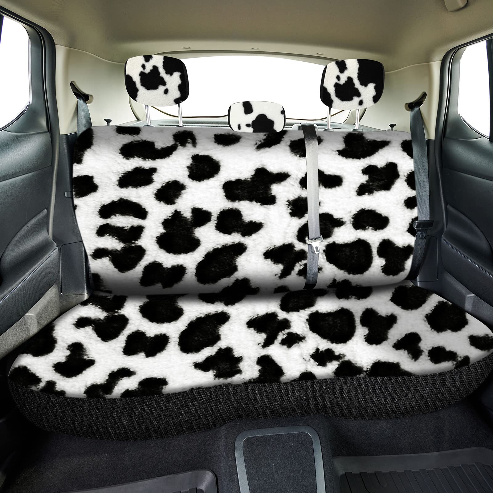 Plush Cow Print Car Seat Covers Set - Warm Winter Accessories for Christmas Decor