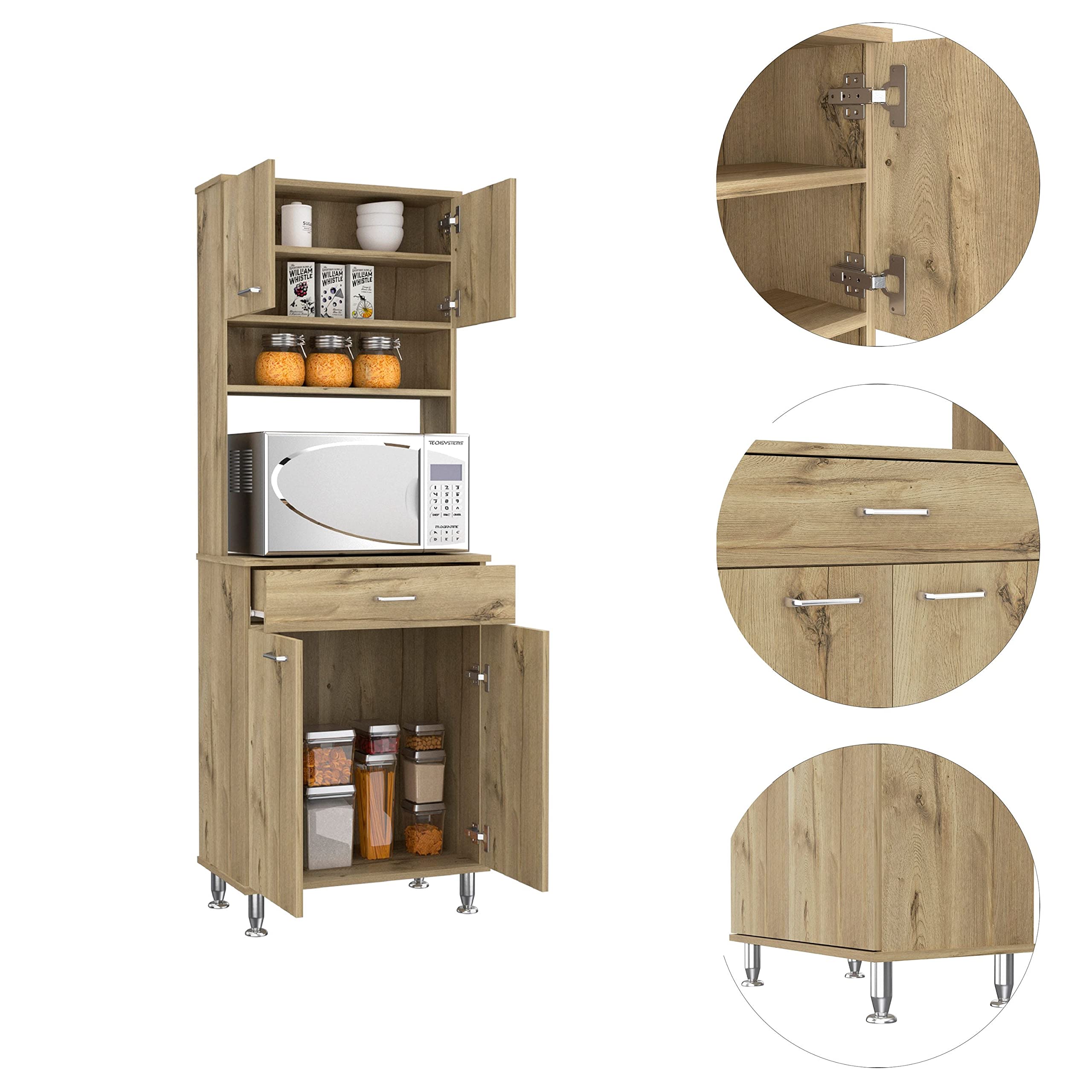 Bay Area Pantry with 2 Double Door Cabinets, Drawer & 2 Open Shelves - Light Oak Kitchen Storage with 4 Metal Legs | Perfect for Small Kitchens, Apartments & Pantry Organization