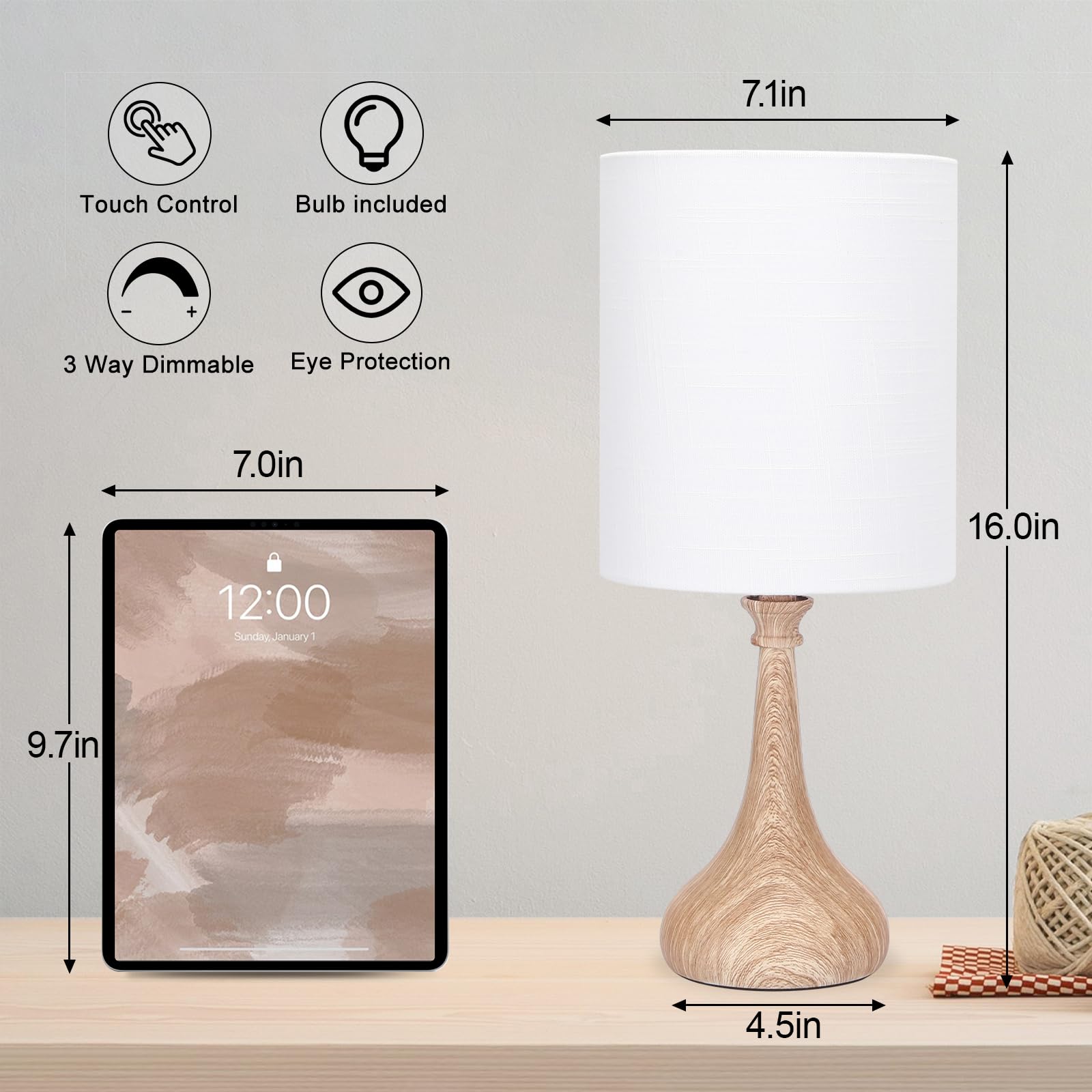 Dimmable Touch Control Table Lamp with Wood Grain Base - 9W 3000K LED Bedside Night Light for Bedroom, Office & Living Room | Perfect for Reading, Relaxing & Nightstand Decor