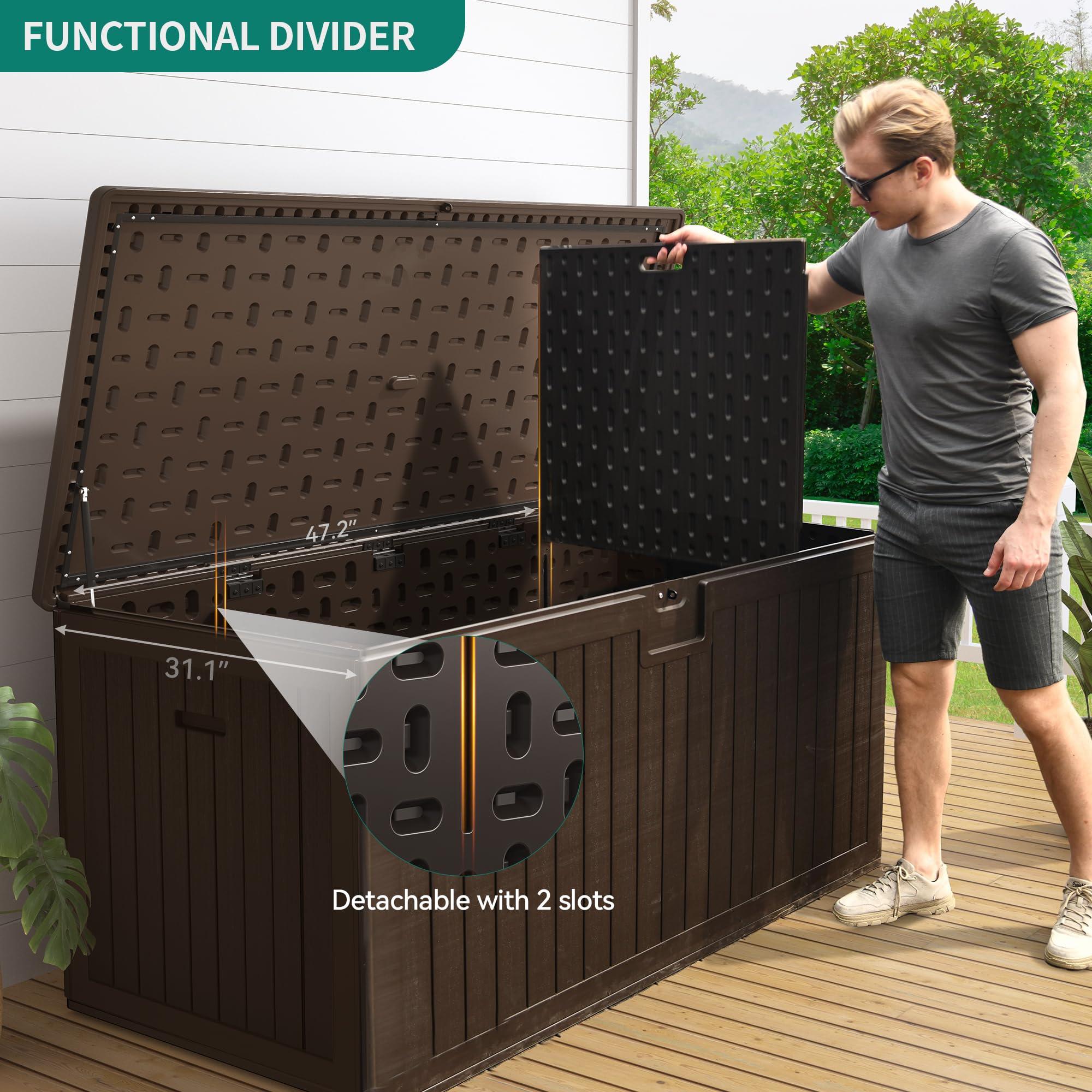 YITAHOME 230 Gallon Double-Wall Deck Box with Divider & Side Handles - Large Outdoor Storage Container for Patio Furniture Cushions, Garden Tools, Pool Accessories - Waterproof & Lockable Deck Storage Box for Backyard, Porch, and Poolside Organization