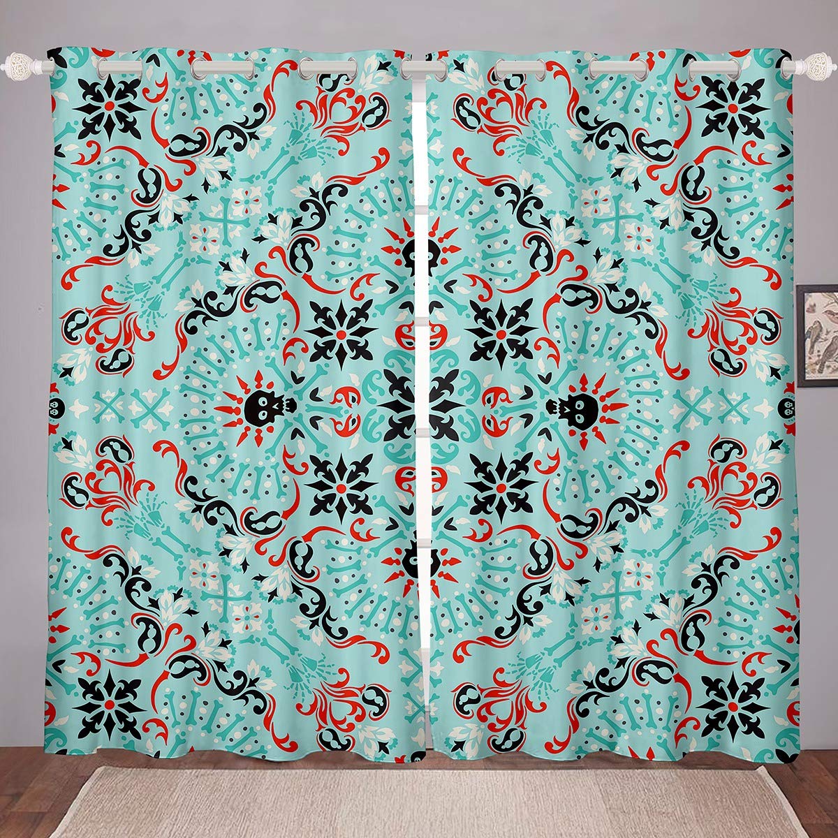 Bohemian Skull Printed Window Curtains - Floral & Bone Pattern Black Gothic Drapes (2 Panels, 84x84 Inches) - Perfect for Gothic Bedrooms, Halloween Decor & Dark Aesthetic Room Makeovers