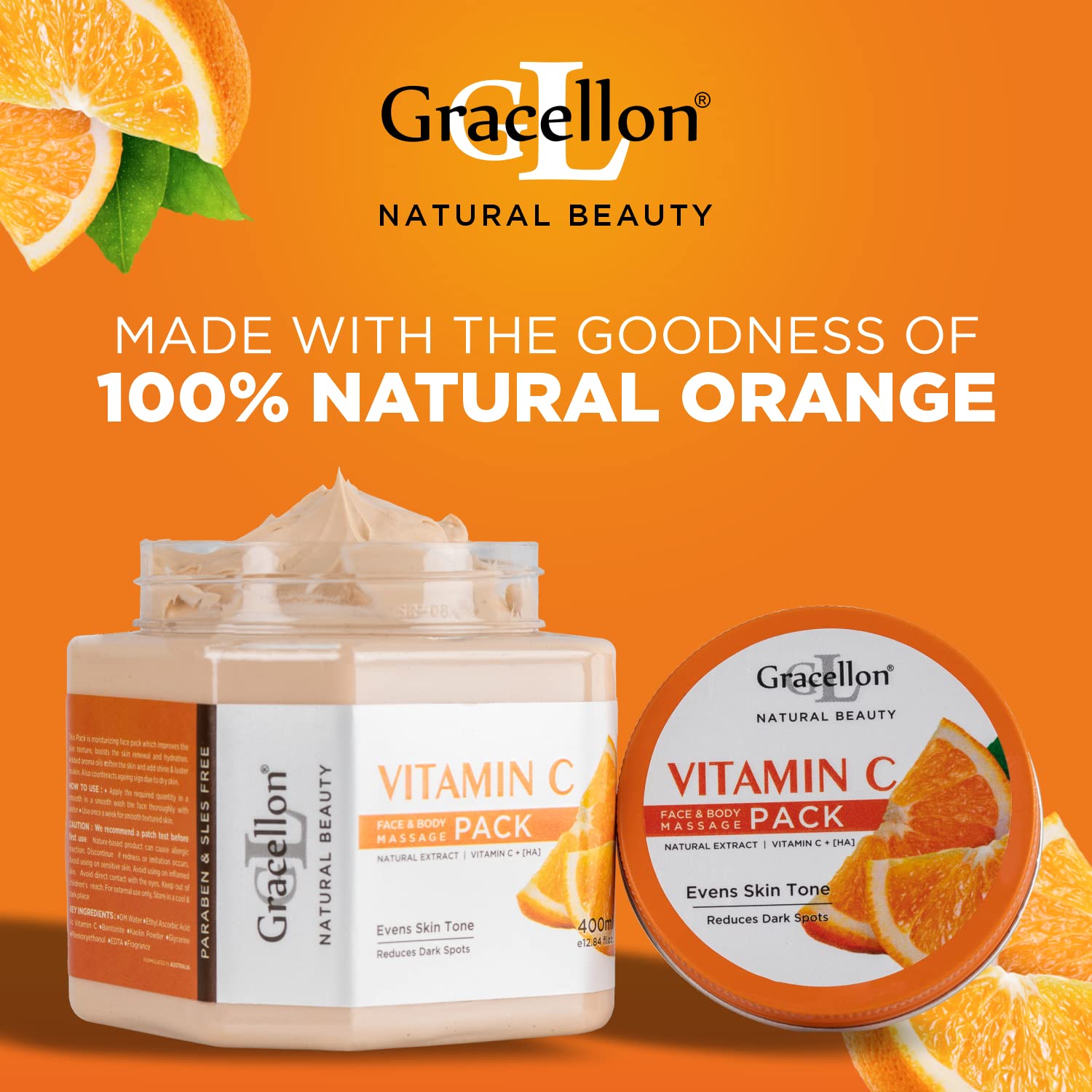 Gracellon Vitamin C Face Mask for Brightening Skin Tone - Fades Hyperpigmentation & Improves Elasticity | Paraben & SLES Free | Daily Skincare & Anti-Aging Treatment