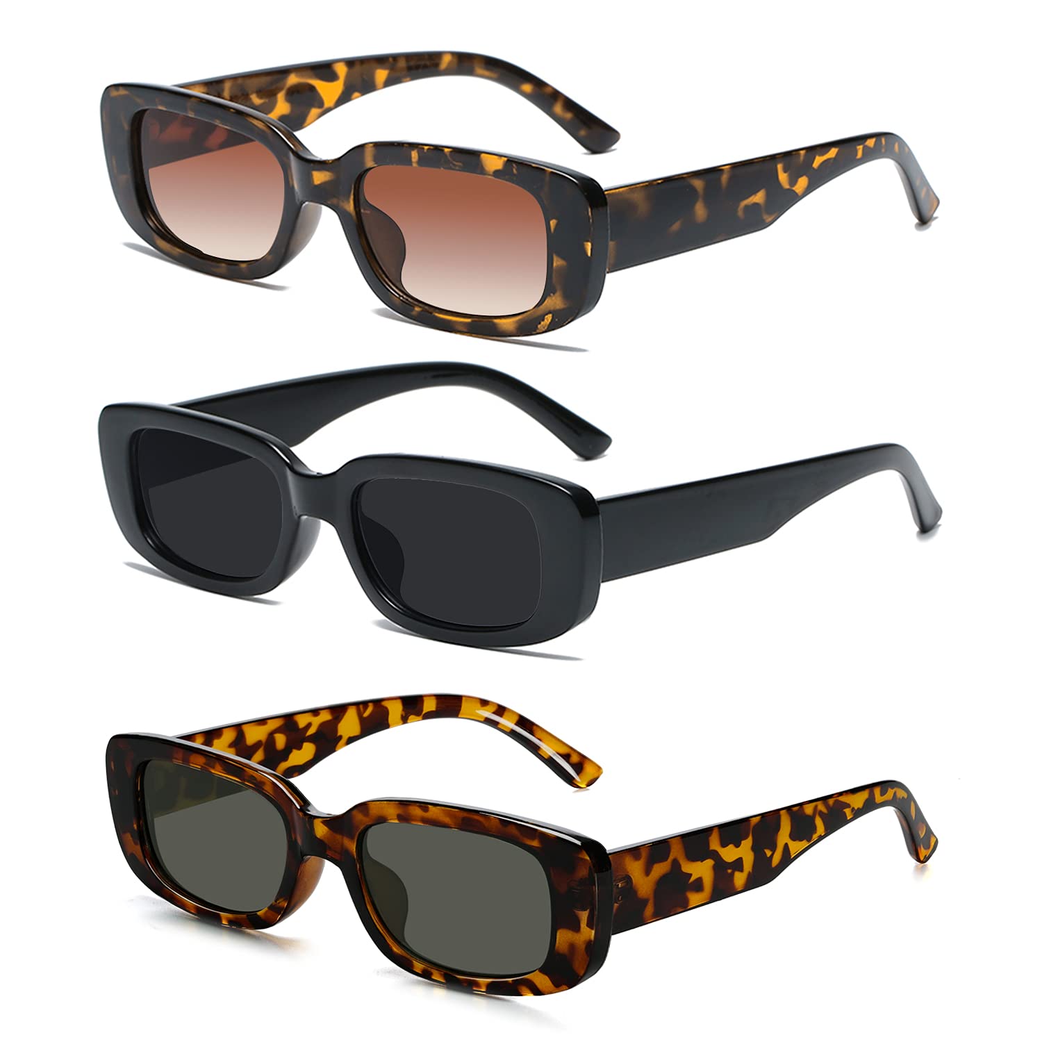 Retro Rectangle Sunglasses for Women & Men - Vintage Narrow Polarized UV Protection 90s Style - 3 Pack - Perfect for Beach, Driving, and Outdoor Activities