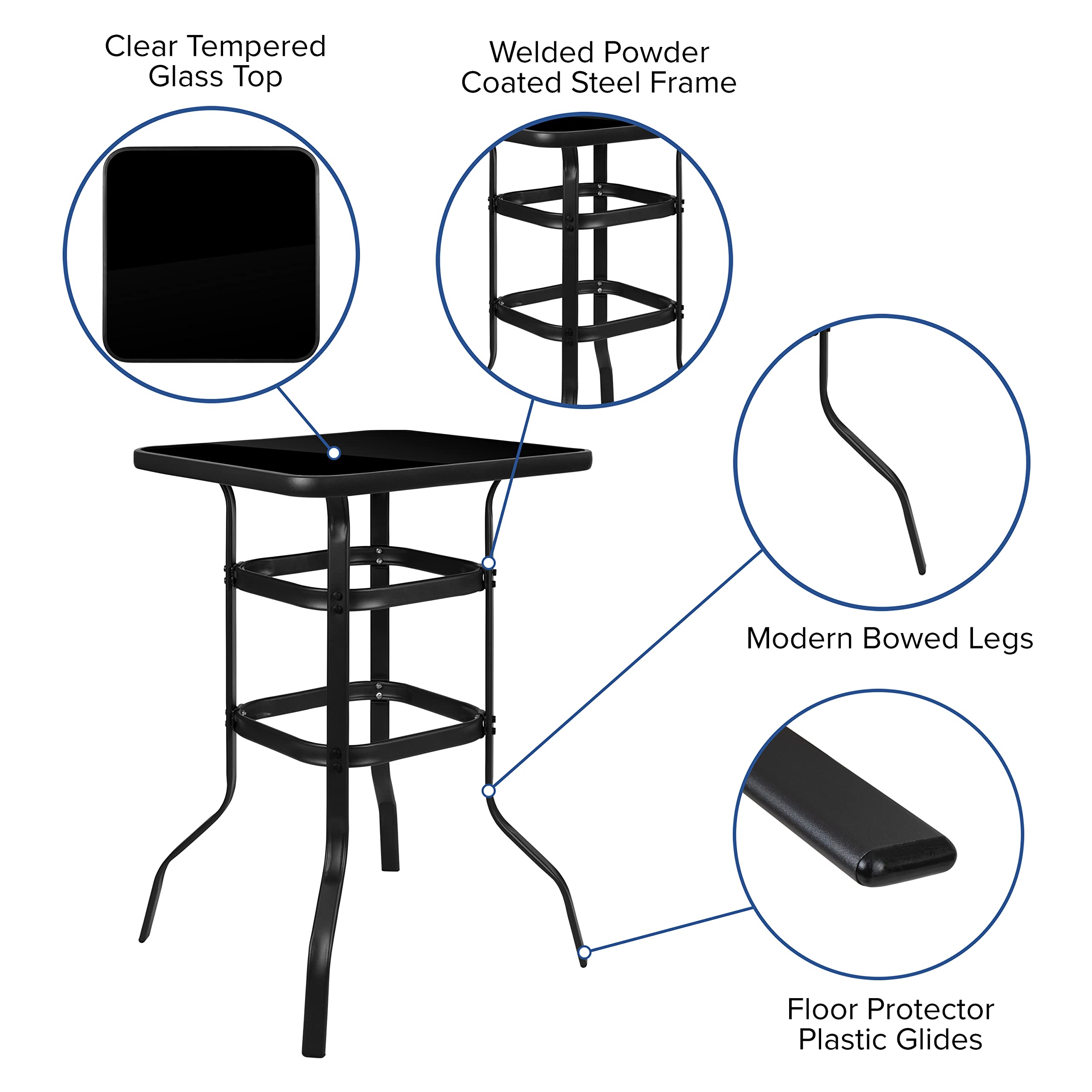 5-Piece Glass Bar Table Set with 4 Gray Patio Bar Stools - Modern Outdoor Dining Furniture for Patio, Garden, and Backyard Entertaining