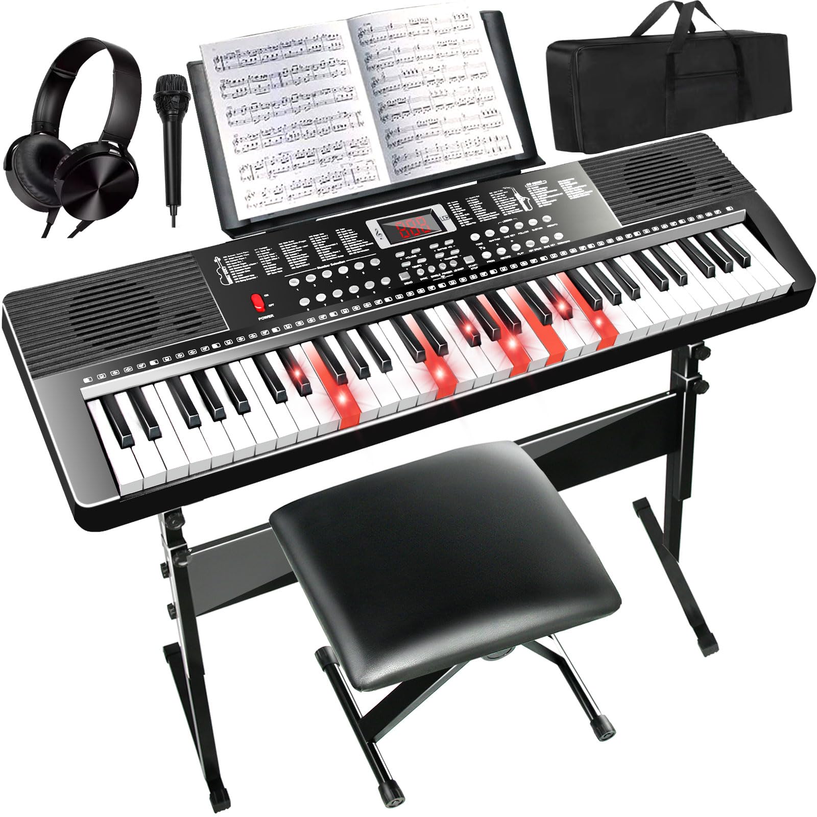 AQNIEGEP 61-Key Electric Keyboard Piano with Light-Up Keys - Full Set Includes Stand, Bench, Headphones & More - Perfect for Beginners & Adults - 70 Demos, 200 Rhythms/Tones, LED Display - Ideal for Home Practice, Music Lessons & Live Performances