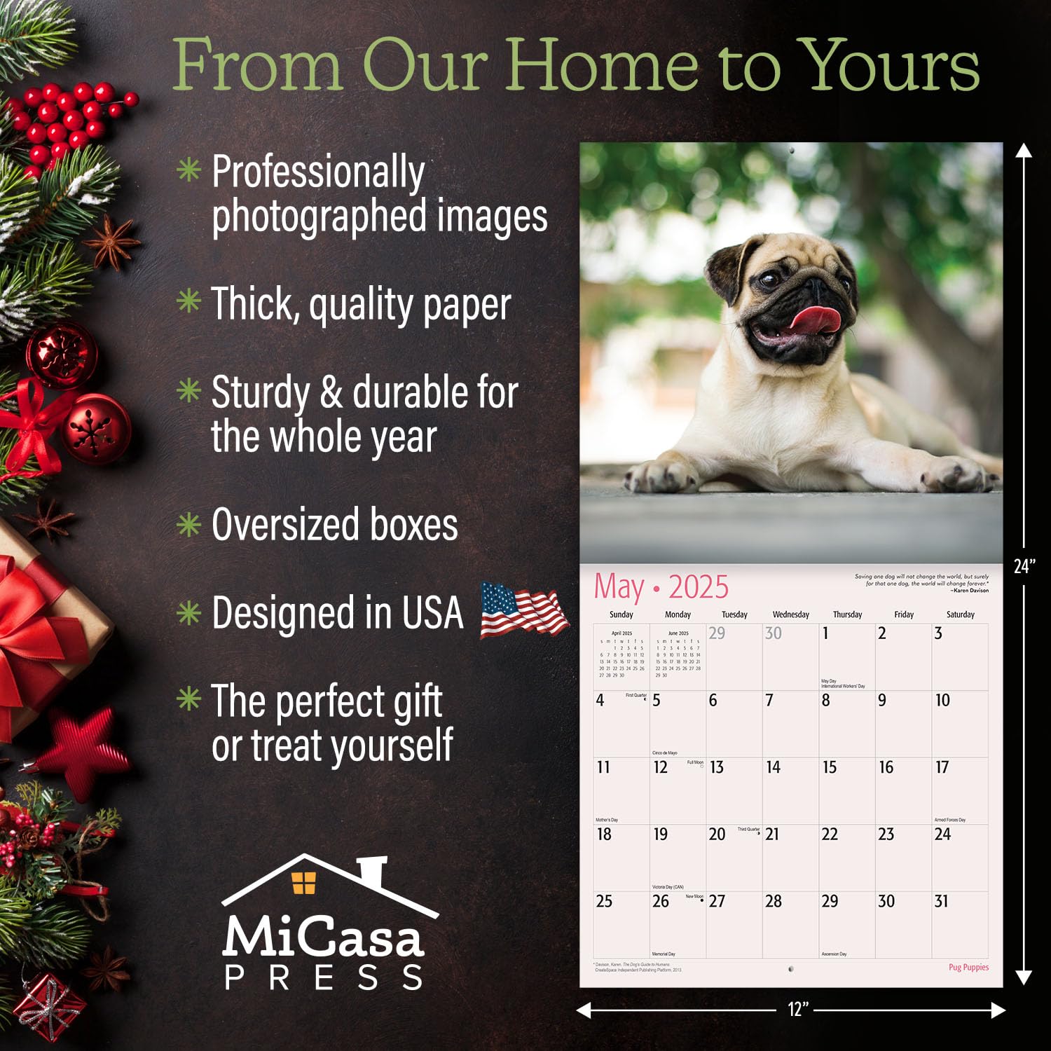 MICASA Pug Puppies 2025 Wall Calendar - 12 Month Large 12x24 Inch with Thick Sturdy Paper - Perfect Gift for Dog Lovers - Ideal for Home, Office, or Classroom Decor