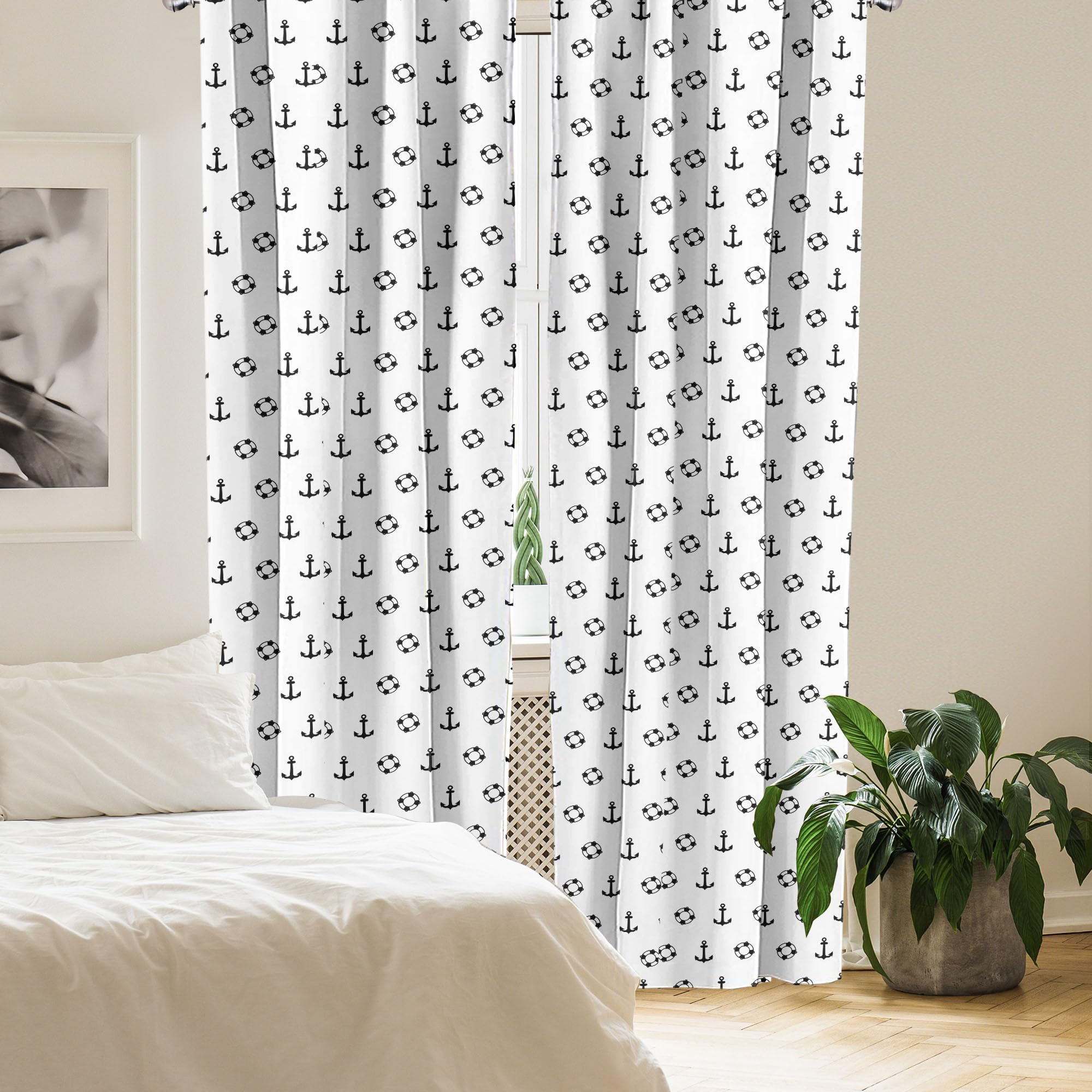 Ambesonne Nautical Themed Curtains - Anchor & Ocean Pattern Black White Window Drapes - 28