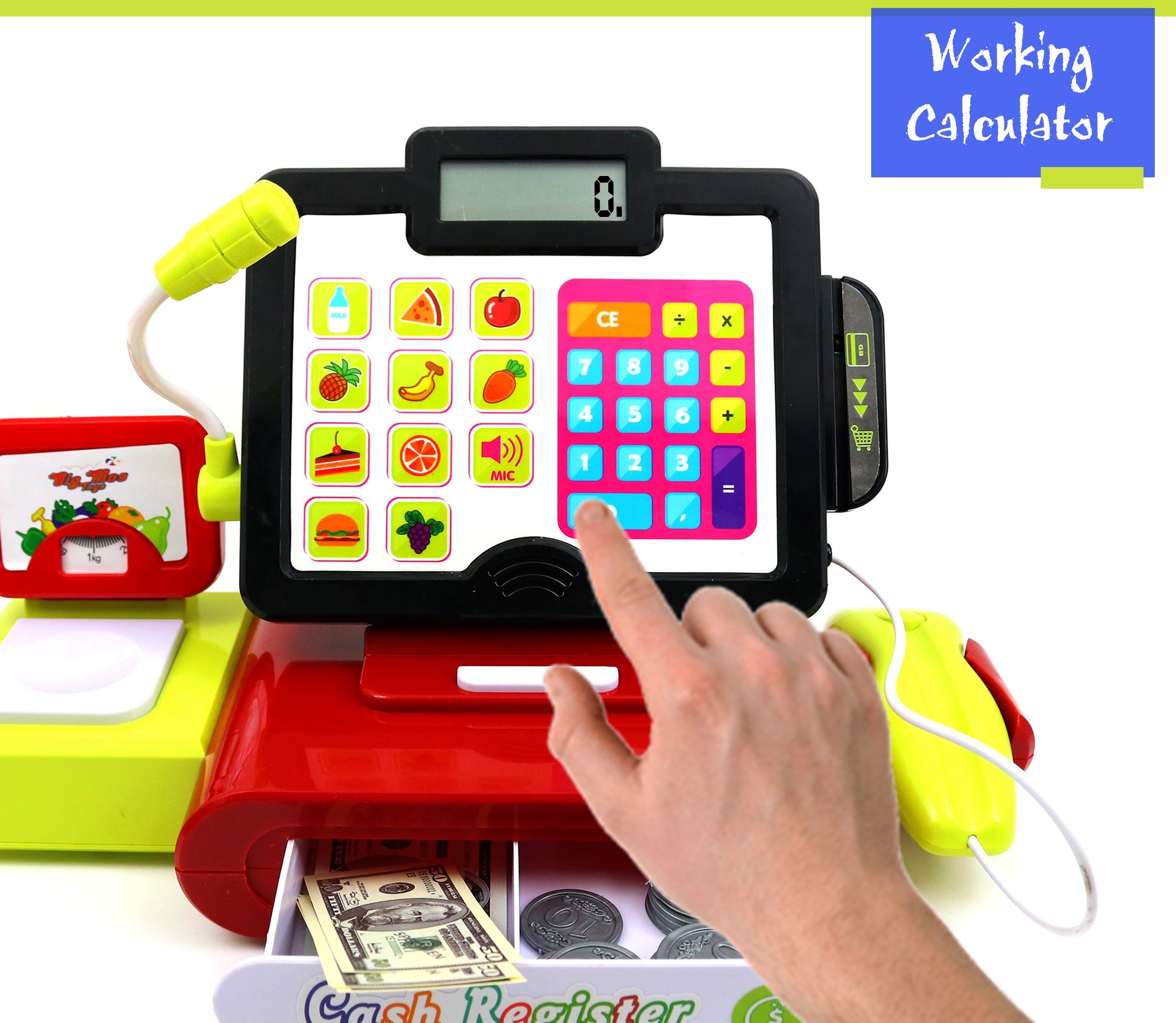 Big Mo's Toys Cash Register Play Set for Kids - 27 Piece Pretend Play Grocery Store Supermarket Toy with Fake Money, Play Food, Electronic Lights & Sounds | Educational Role Play Toy for Preschool Learning & Family Fun