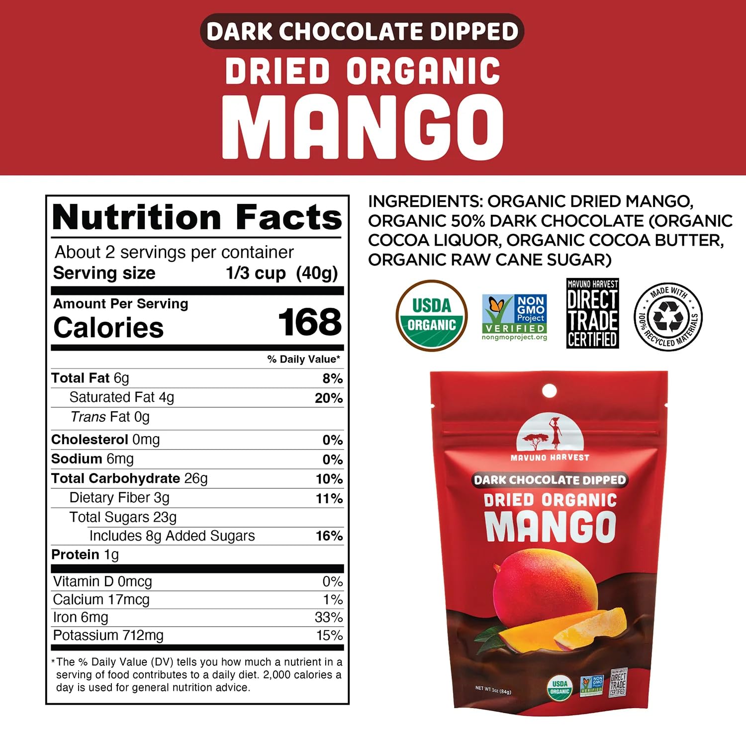 Organic Dark Chocolate Covered Mango Slices - Fair Trade, Vegan, Non-GMO, No Preservatives - Healthy Snack for Work, Travel & Gifts - 3 Pack (3 oz Each)