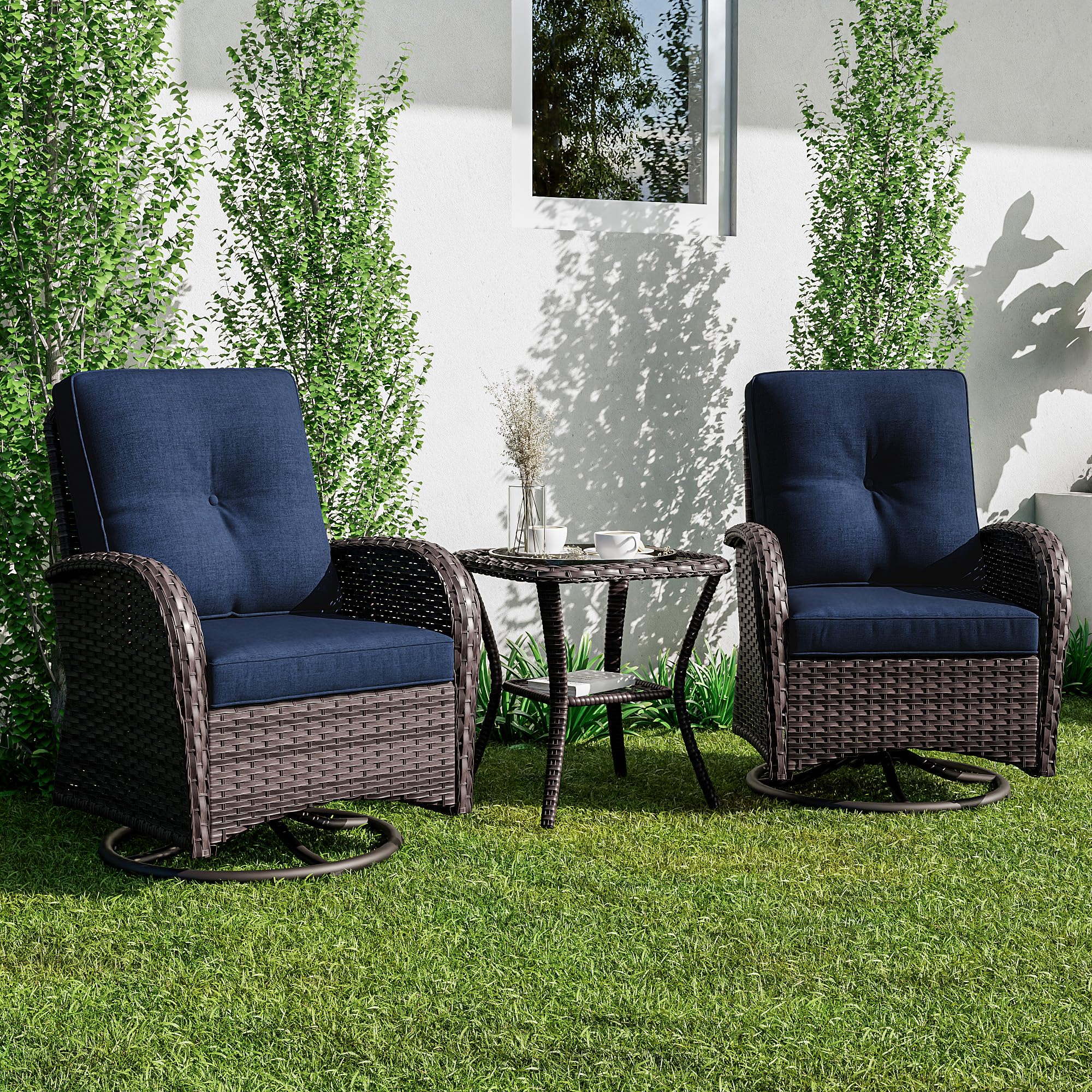 Joyside 3-Piece Patio Swivel Rocking Chair Set - 2 Wicker Swivel Rockers with Side Table, Outdoor Furniture for Porch, Deck & Garden (Brown/Blue) - Perfect for Relaxing, Entertaining & Sunbathing