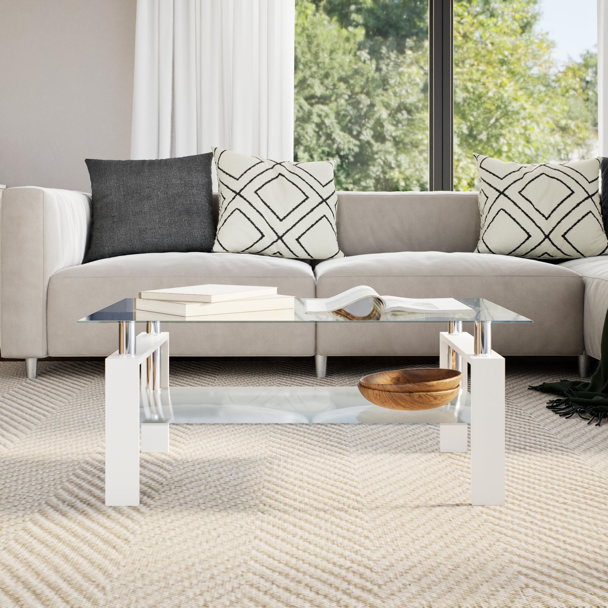 Modern White Coffee Table with Melamine Frame & Tempered Glass Top - 37.4