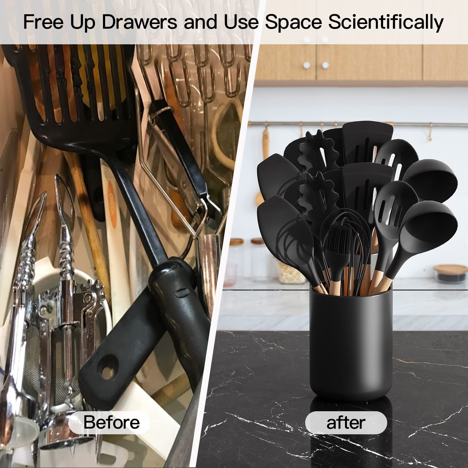 Matte Black Ceramic Kitchen Utensil Holder - 4.5×6.4 Inch Countertop Organizer for Spoons, Spatulas & Cooking Tools | Easy to Clean Farmhouse Décor | Perfect for Modern Kitchens, Dining Rooms & Cooking Stations