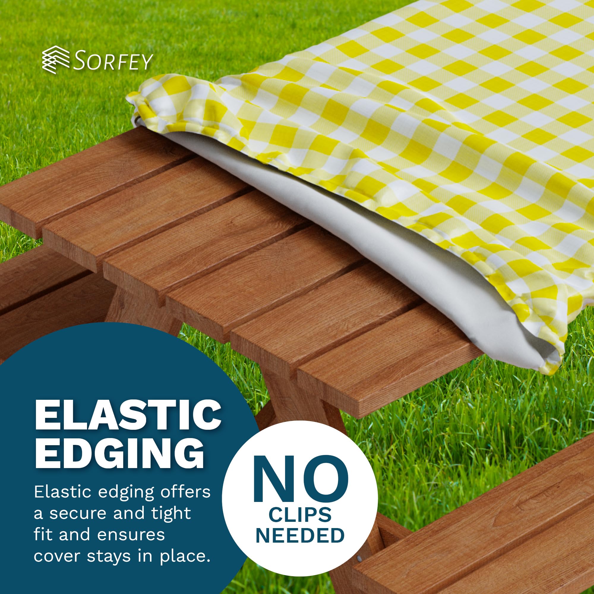 Sorfey Waterproof Picnic Table Cover - Elastic Fitted Vinyl with Flannel Back, Fits 96
