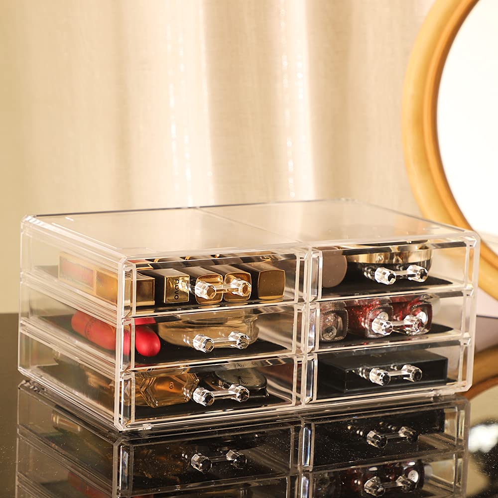 Clear Acrylic Stackable Storage Drawers - 6 Drawer Desktop Organizer for Office, Jewelry, Hair Clips & Makeup | Space-Saving Vanity Organizer for Beauty Products, Skincare & Cosmetics | Perfect for Bedroom, Bathroom & Workstation Organization