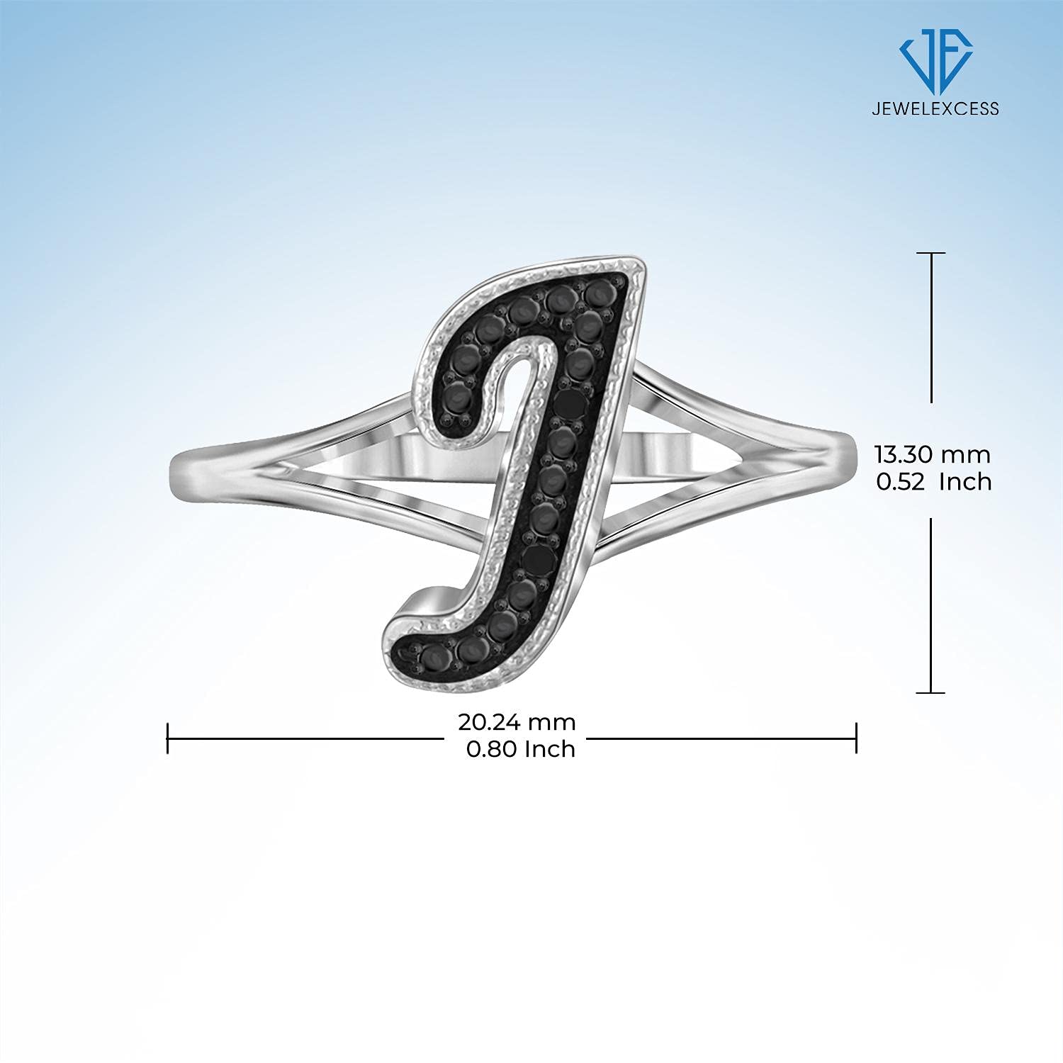 JEWELEXCESS Sterling Silver A-Z Initial Ring with Black Diamond Accent - Personalized Name Ring for Women, Perfect Gift for Birthday, Anniversary & Valentine's Day