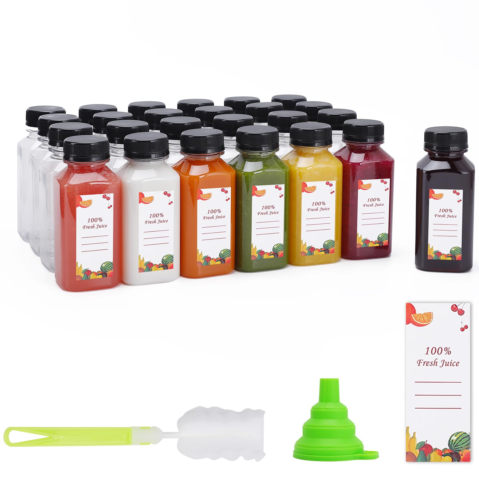 150 Pack 8 oz Clear Plastic Juice Bottles with Caps - Reusable Empty Water Bottles for Drinking, Juicing, Smoothies, Beverage Storage - Includes 2 Brushes, 2 Funnels & 160 Stickers - Perfect for Home, Party, Restaurant & Catering Use