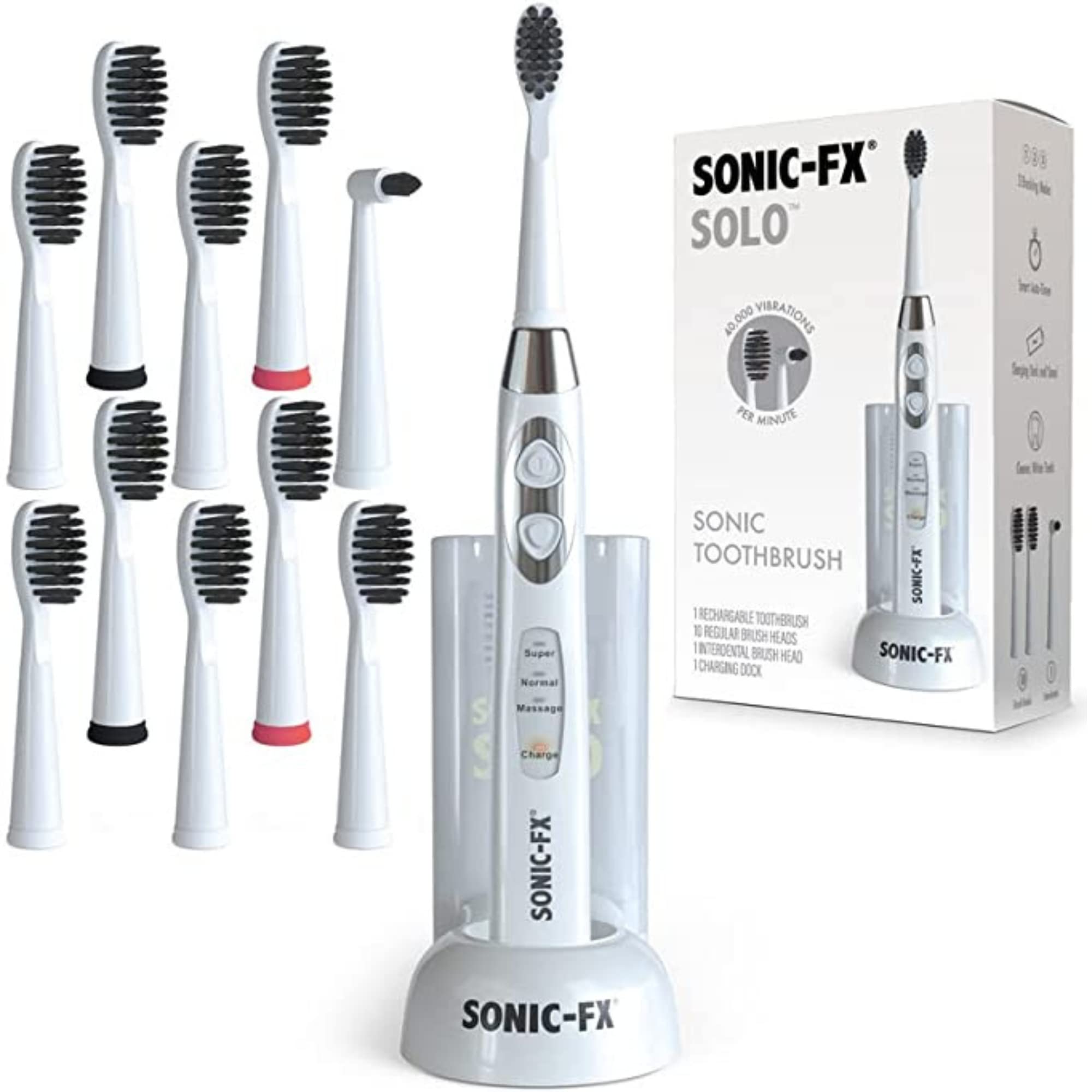 Solo Rechargeable Electric Toothbrush with 10 Brush Heads & Interdental Cleaner - Charcoal Bristles, 3 Modes, Smart Timer, 2-Month Battery Life - Perfect for Travel & Daily Oral Care (White)