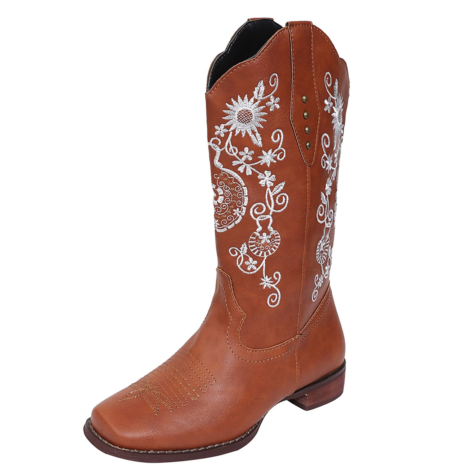 Vintage Embroidery Slip-On Booties for Women - Comfortable Mid Heel Boots with Pointed Toe - Size 8.5 - Perfect for Casual Outings, Date Nights & Office Wear