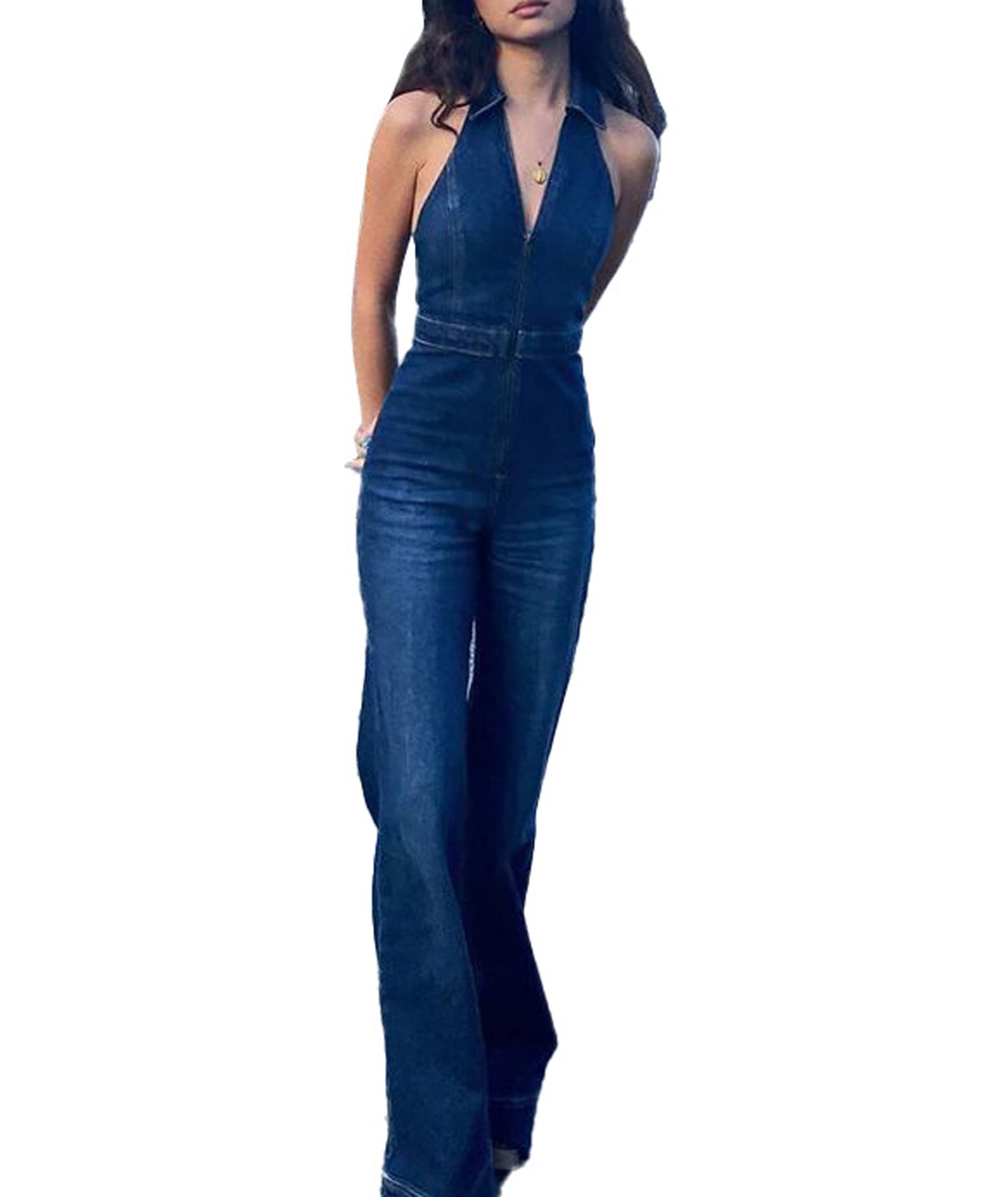 SEMATOMALA Women's Sleeveless Y2K Denim Jumpsuit - Flared Leg Romper with Halter Neck, Tank Top Style, Maxi Overalls for Casual Wear, Street Style & Summer Outfits