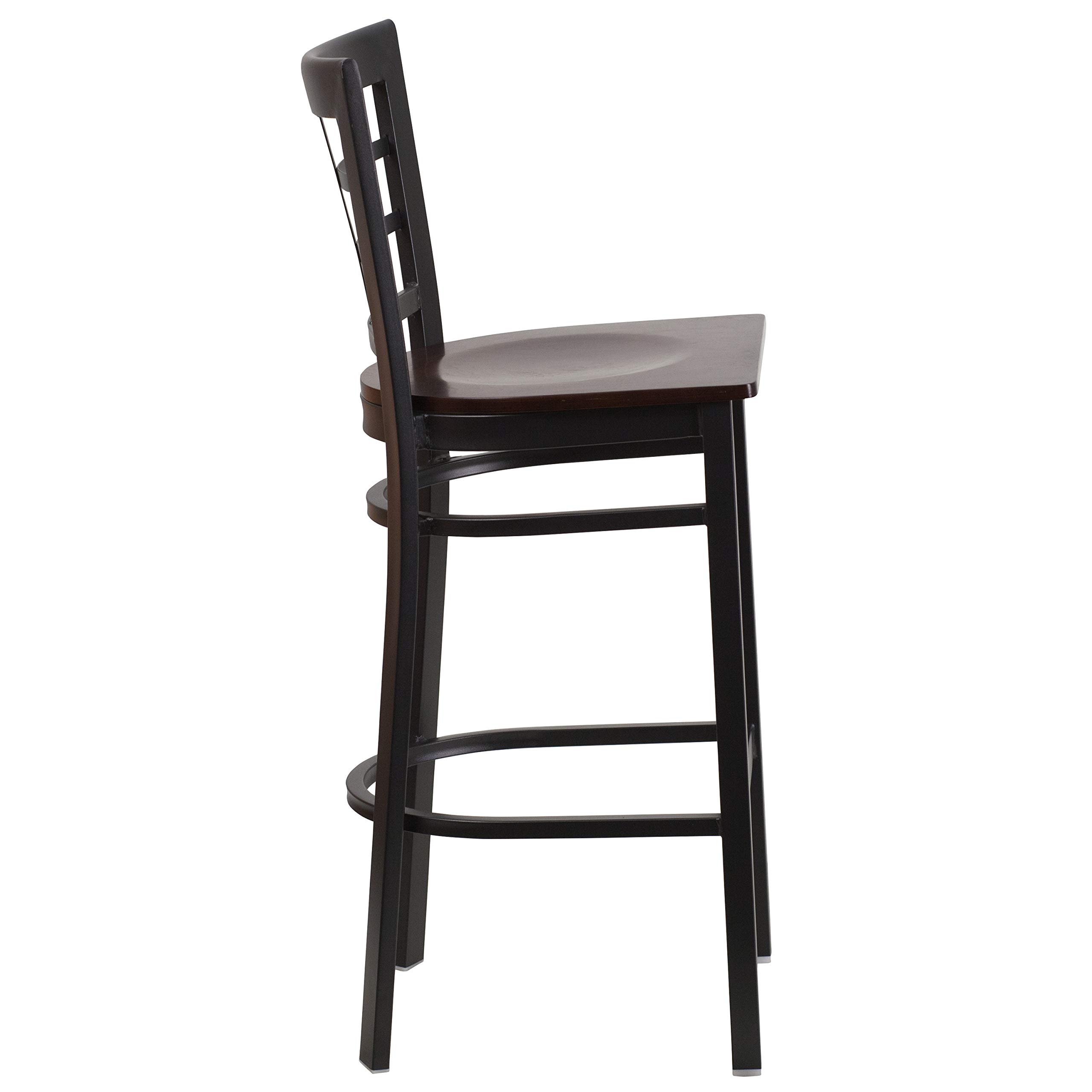 2 Pack Black Metal Bar Stools with Walnut Wood Seat - Heavy Duty Restaurant & Kitchen Counter Stools for Home, Cafe, and Bar Use