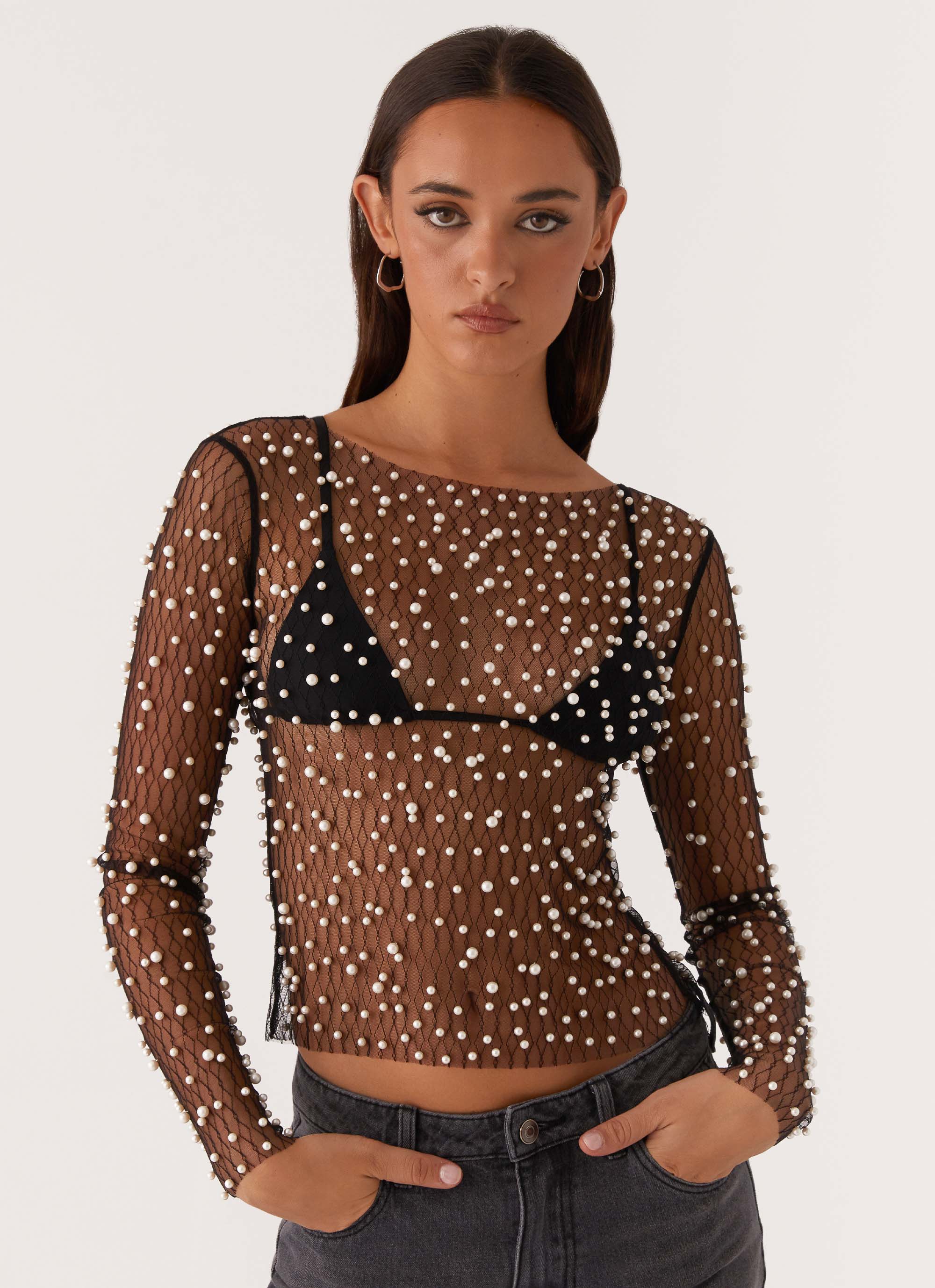 Another Universe Long Sleeve Pearl Embellished Blouse - Elegant Black Top for Women | Perfect for Office Wear, Date Nights & Special Occasions