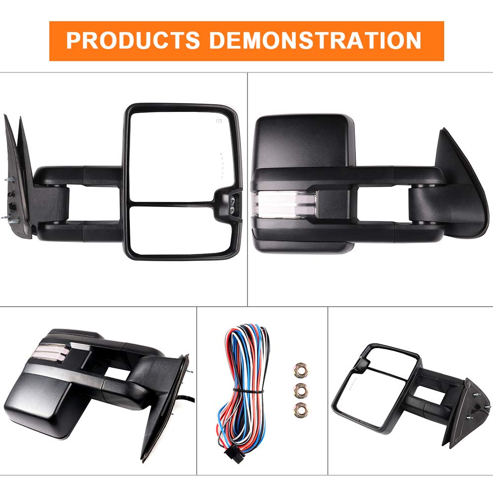ROADFAR Power Heated Towing Mirrors for 1999-2002 Chevy Silverado & GMC Sierra Pickup Trucks - LED Turn Signal, Running Lights, Black Housing (Left & Right Side) - Perfect for Towing, Camping & Off-Road Adventures
