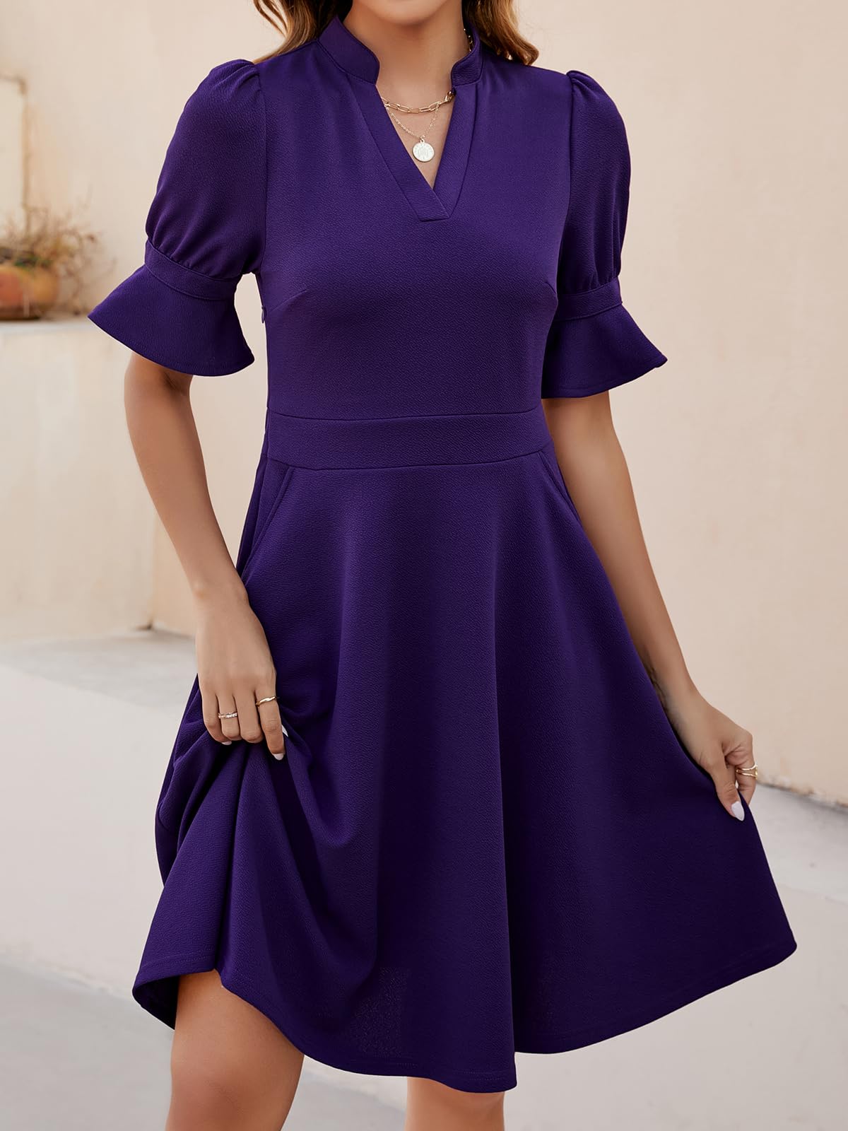 Mokayee Women's Summer V-Neck Ruffle Short Sleeve Fit and Flare Knee-Length Dress with Pockets - Perfect for Church, Wedding Guest, Party & Casual Wear
