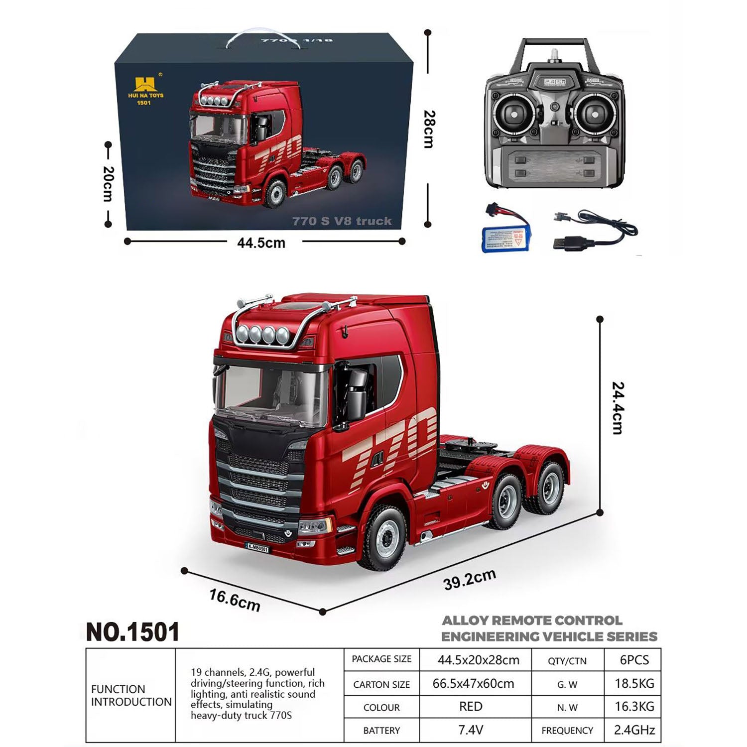 1/18 Scale 770S RC Tractor Truck Toy - Ready-to-Run with 7.4V Battery, 19CH Remote Control, Light & Sound Effects - Perfect for Kids Playtime, Collectors Display and RC Racing Enthusiasts
