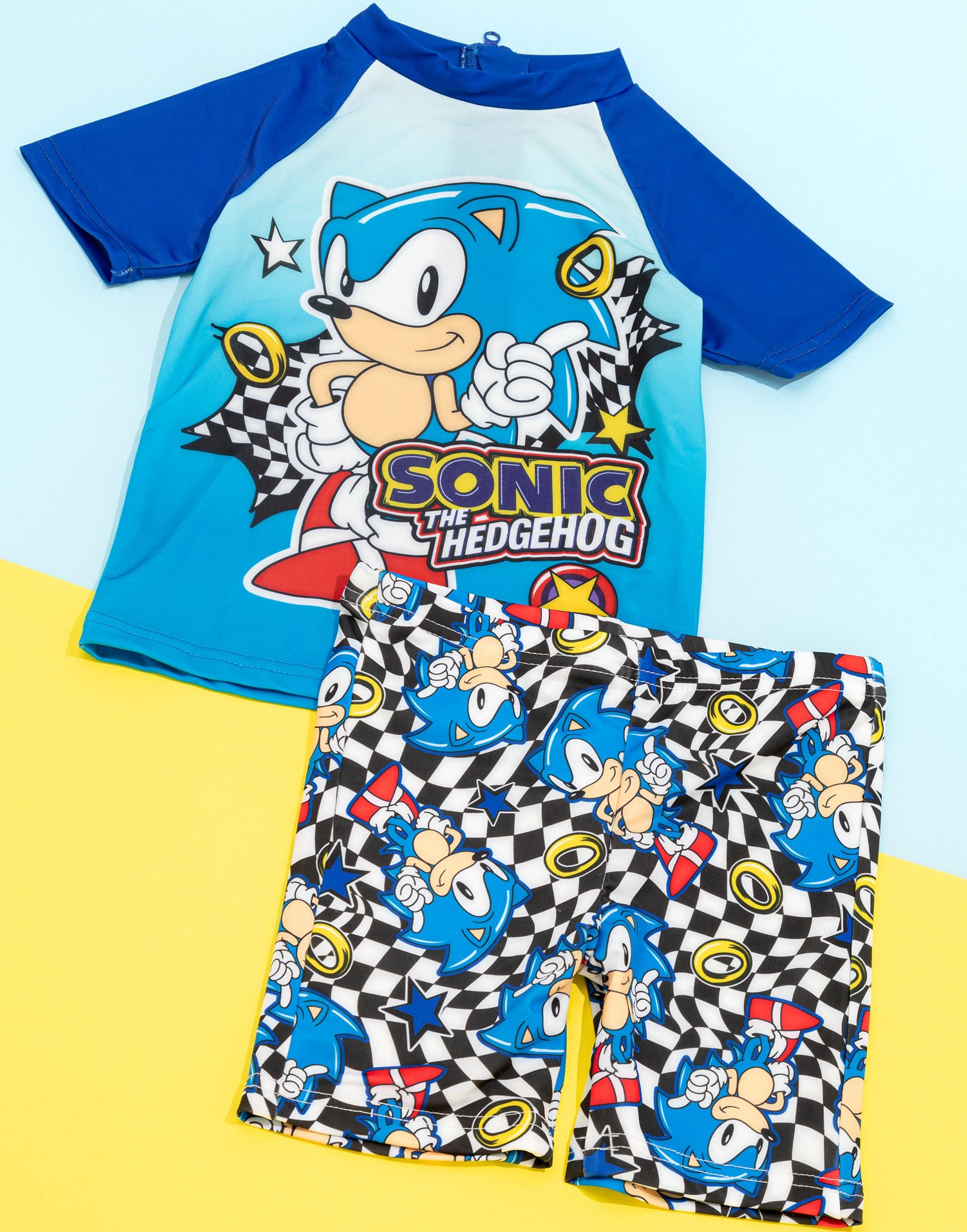 Sonic The Hedgehog Boys Swimwear Set - Blue 2-Piece Rash Guard & Swim Trunks with Racing Checkers Design | Kids Swimming Costume for Pool, Beach & Water Play
