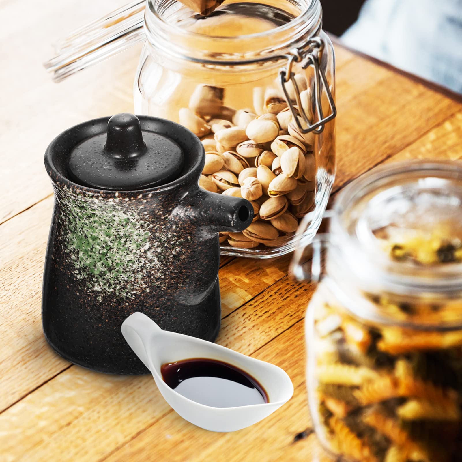 Premium Japanese Style Ceramic Soy Sauce Dispenser - Elegant Oil & Vinegar Dispenser with Lid - Perfect for Shoyu, Ponzu & Liquid Condiments - Ideal for Kitchen Countertop & Dining Table Display (Green)