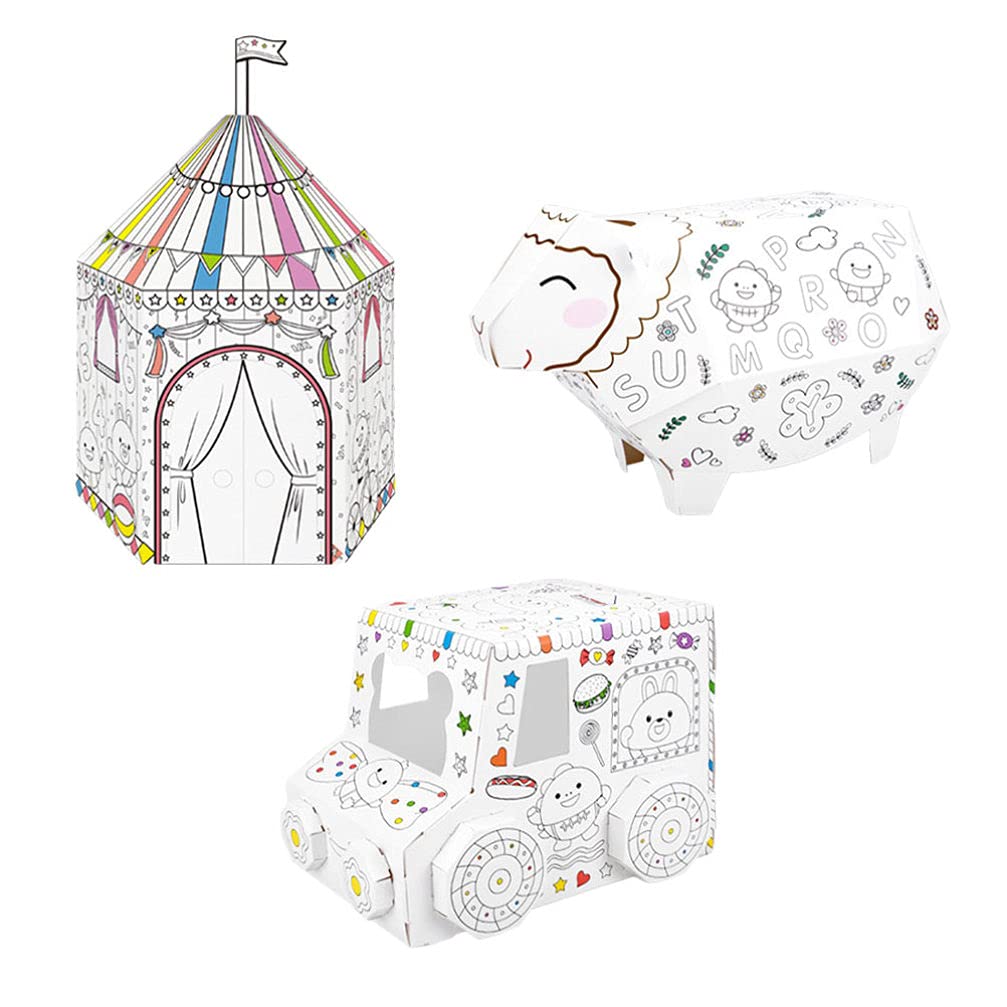 Balacoo 3-Piece Kids DIY Coloring Puzzle Set - 3D Painting Toys with Sheep, Mongolian House & Candy Cart Shapes - Creative Graffiti Art & Drawing Model Toys for Children | Perfect for Birthday Gifts, Classroom Activities & Family Craft Time