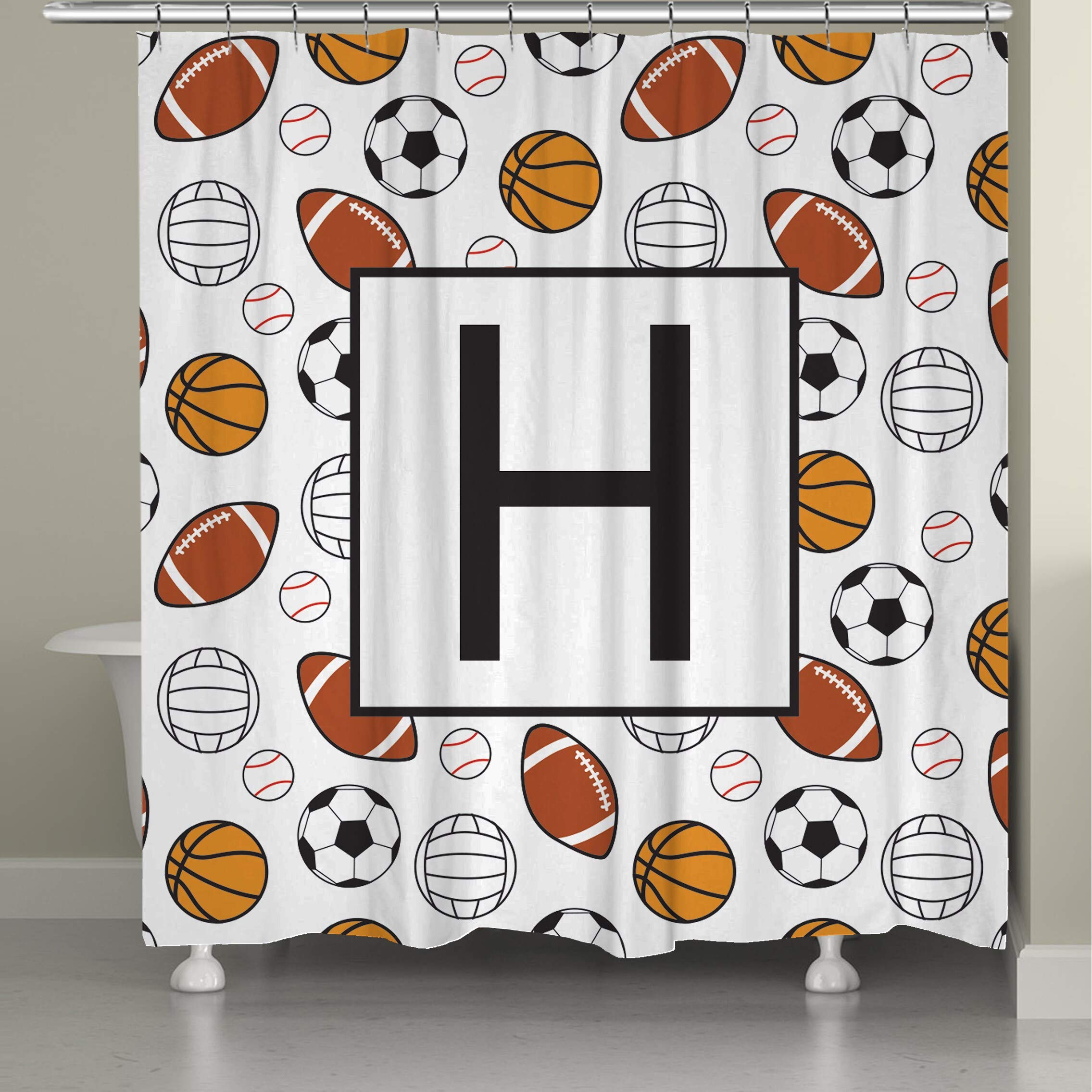 Laural Home Sports Monogram Shower Curtain - Waterproof Polyester Fabric Bathroom Decor for Boys, Girls, Teens - Perfect for Dorm, Bathroom, and Kids Room Decoration