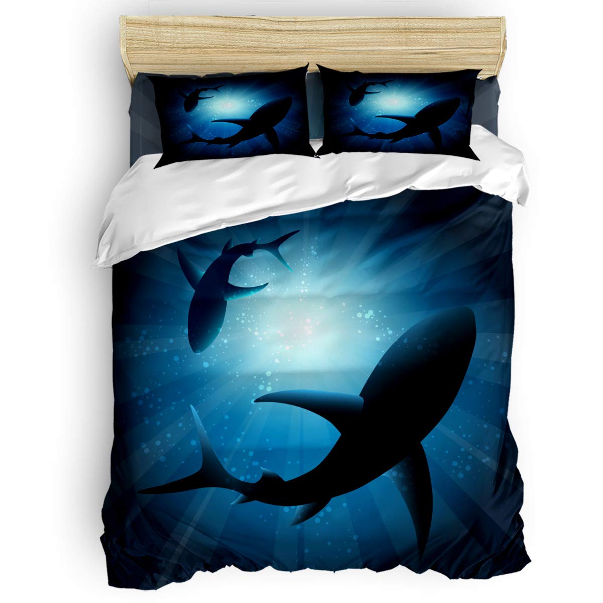 Yogaly 4-Piece Full Size Bedding Set - Soft Shark Underwater Printed Bed Sheets, Duvet Cover, Flat Sheet & Pillowcases for Adults, Teens & Kids | Perfect for Shark-Themed Bedrooms, Ocean Lovers & Unique Gift Ideas