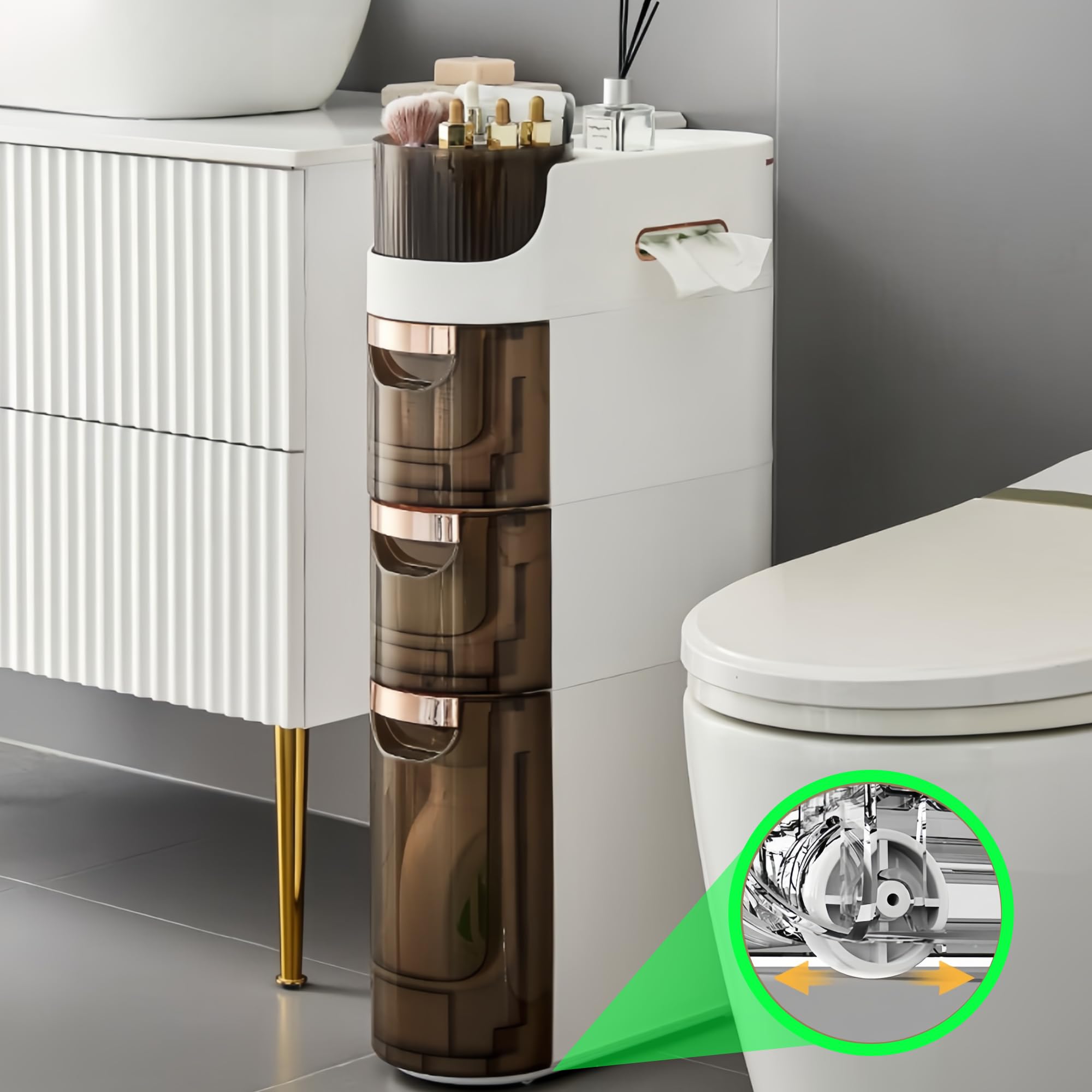 3-Tier Slim Bathroom Storage Cabinet - Waterproof Narrow Floor Cabinet Organizer with Drawers for Small Spaces, Kitchen, Living Room - Perfect for Bathroom Essentials, Kitchen Utensils & Home Organization