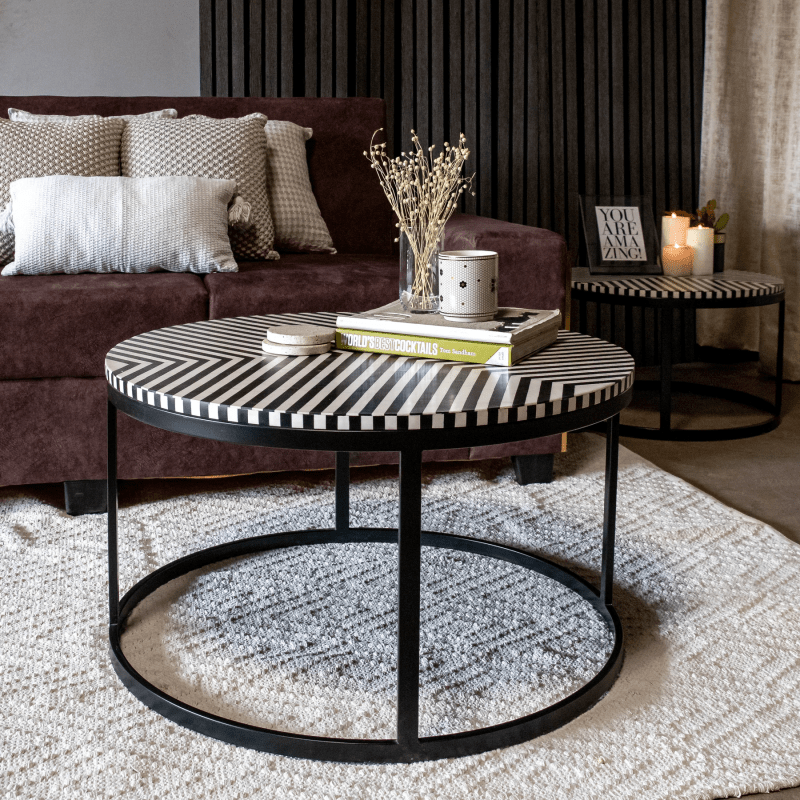 Handmade Black & White Inlay Round Coffee Table - Elegant Center Table for Living Room, Lounge & Office Decor