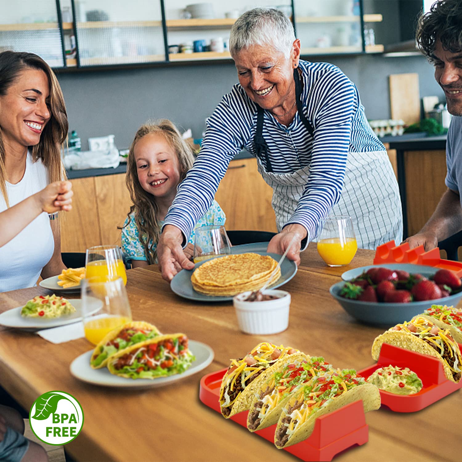 4-Pack Taco Holder Set - Large Plastic Taco Stand Tray for Soft & Hard Tacos (Holds 3 Tacos Each) - Colorful Taco Rack for Home Kitchen, Party Serving & Kids Meals - Perfect for Taco Tuesday, Mexican Fiesta & Family Gatherings
