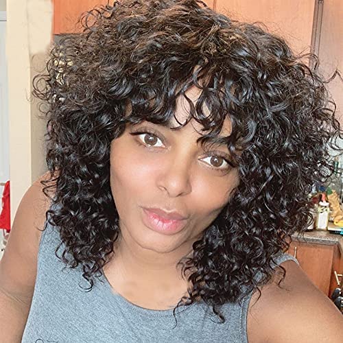 200% Density Kinky Curly Human Hair Wig with Bangs - 24 Inch Brazilian Remy Hair for Women | Machine Made Scalp Top Wig in Natural Color | Perfect for Daily Wear, Cosplay & Special Occasions