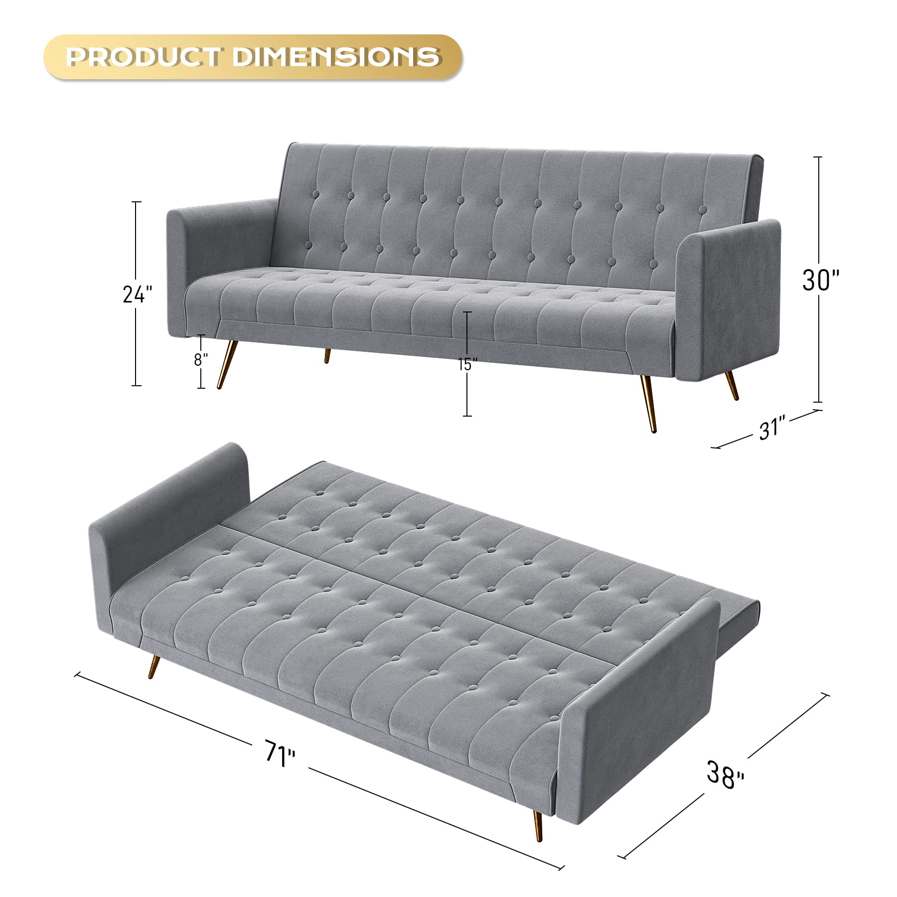 OUYESSIR 71-inch Velvet Convertible Futon Sofa Bed with 2 Pillows - Sturdy Sleeper Couch for Small Spaces, Grey | Perfect for Guest Rooms, Apartments & Dorm Rooms