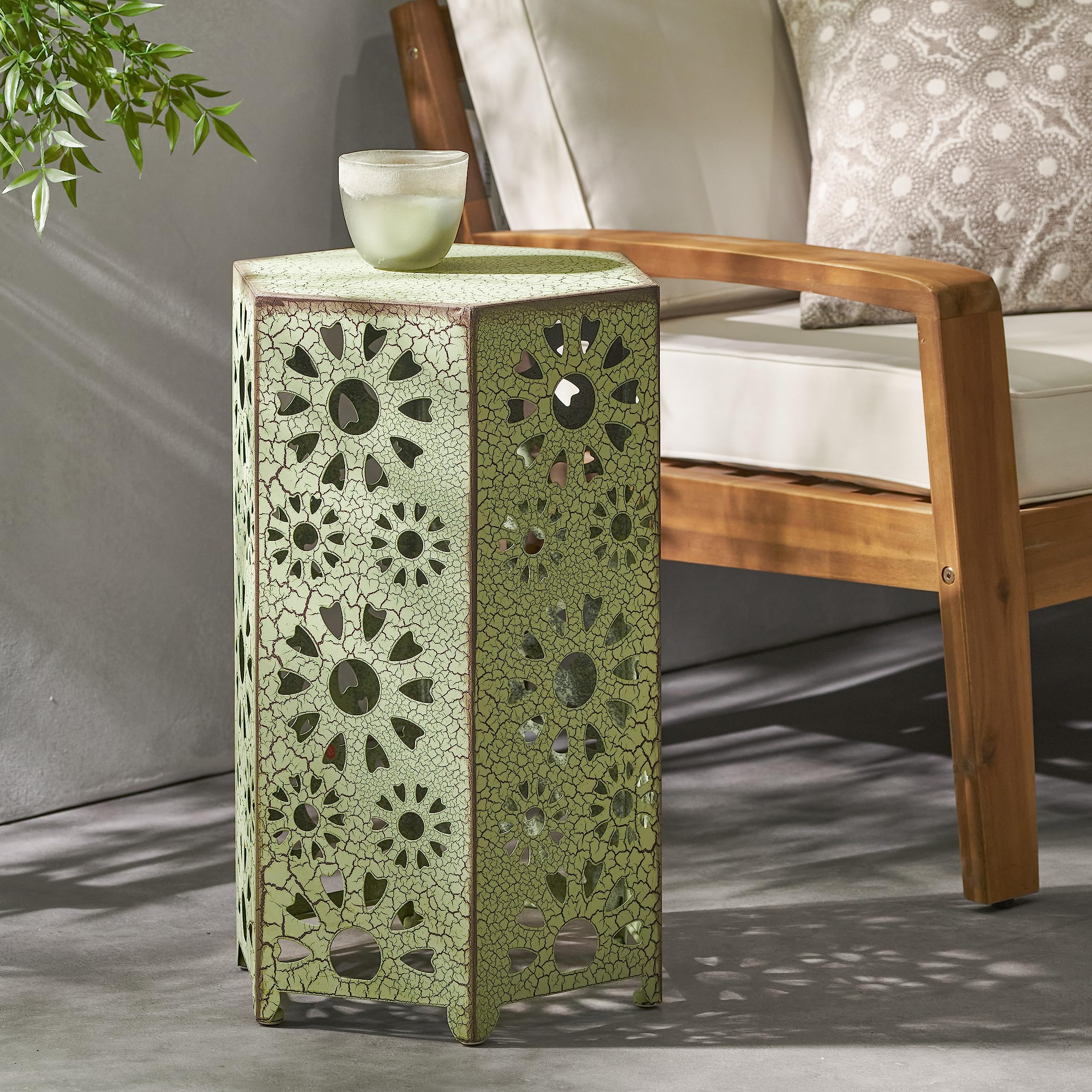 GDFStudio Outdoor Accent Tables - Rustic Iron Tubing with Crackle Green Finish - Perfect for Patio, Garden & Porch Decor