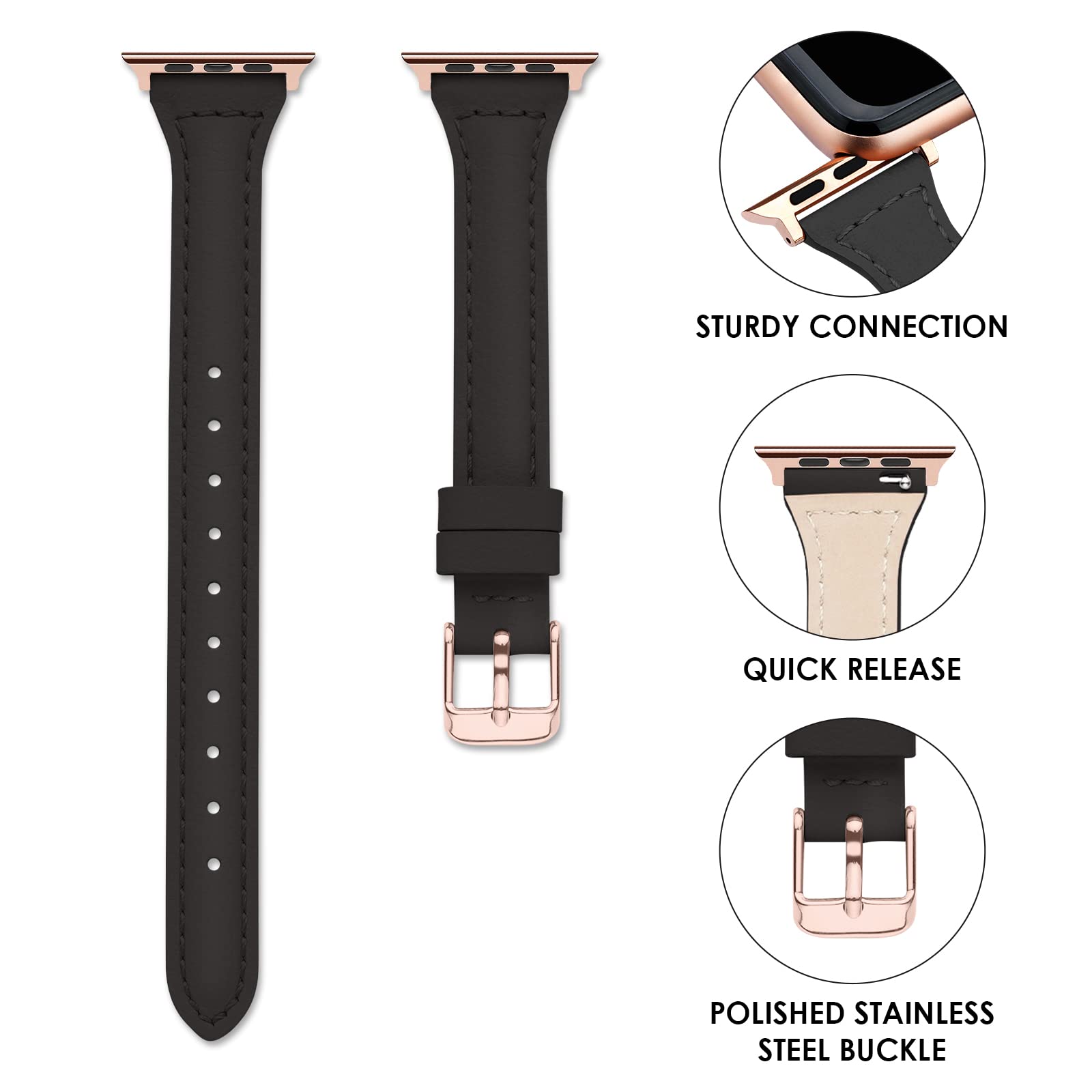 Ritche Thin Slim Leather Apple Watch Band for Women - Compatible with Apple Watch SE, Series 8/7/6/5/4/3/2/1 (38mm 40mm 41mm 42mm 44mm 45mm) - Elegant Watch Strap in Black, Brown, White & Pink - Perfect for Work, Gym & Everyday Wear