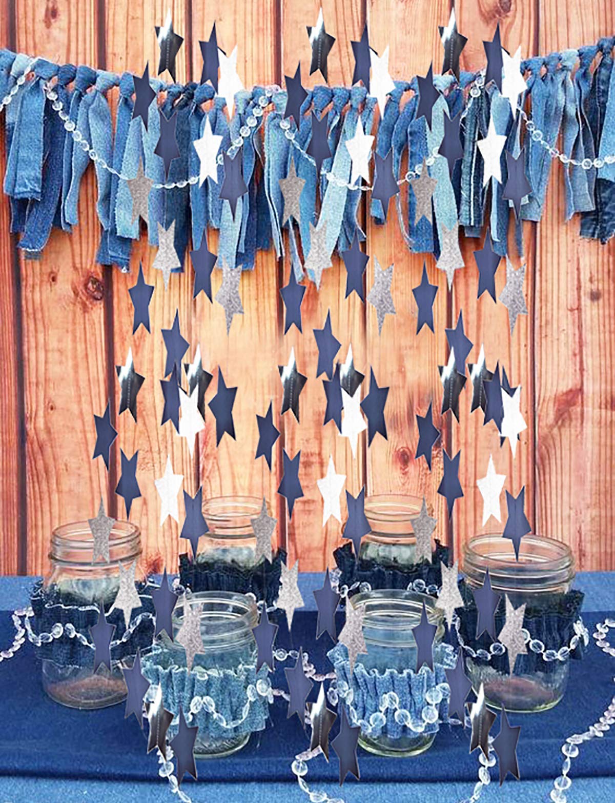 Navy Blue Glitter Silver Star Garland - 2 Pack Space Themed Party Decor for Birthday, Baby Shower & Outer Space Events | Perfect for Ceiling, Wall & Table Decorations