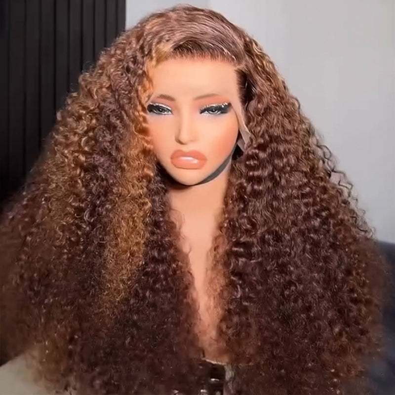 Eullair Brown with Honey Blonde Kinky Curly Human Hair Lace Frontal Wig - Glueless Lace Wigs for Women | Perfect for Daily Wear, Parties & Special Occasions