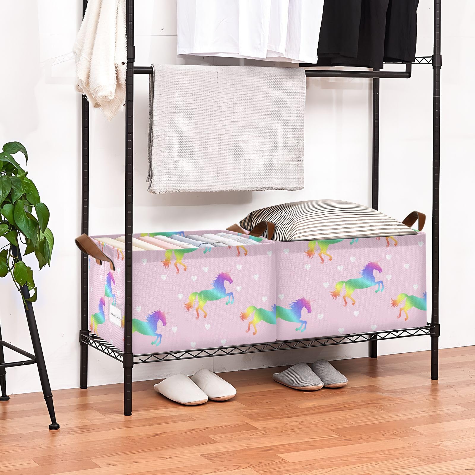Emelivor Hearts Rainbow Unicorns Storage Bins - Foldable Organizer Baskets with Handles for Shelves, Dorm, Office, Nursery & Closet - Perfect for Books, Toys & Home Organization