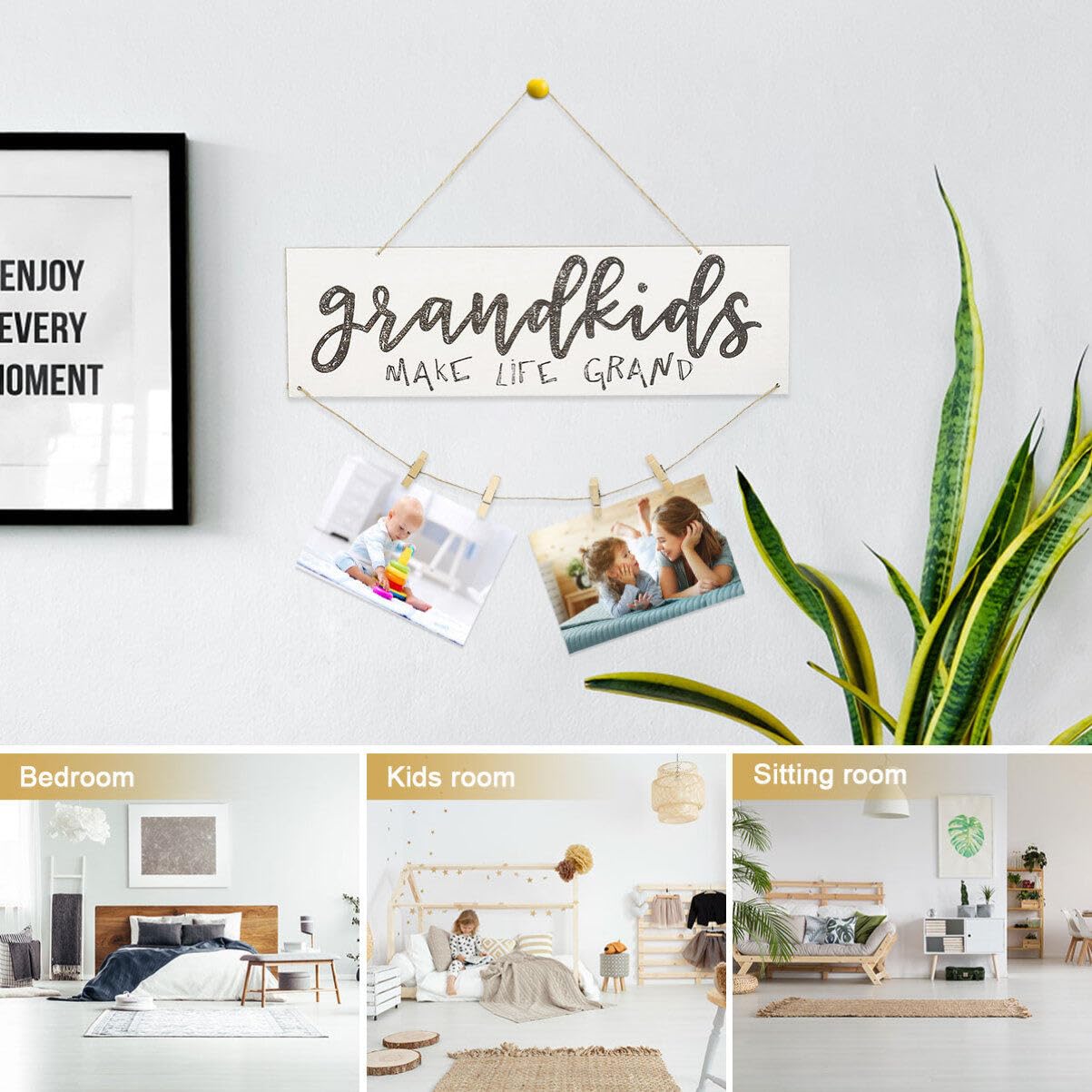 Garneck Mini Wooden Hanging Photo Frame - DIY Picture Display Board with Wooden Clips & Beaded Ropes for Grandparents, Home Decor (White) | Perfect for Living Room Walls, Nursery Decor & Family Gift Ideas