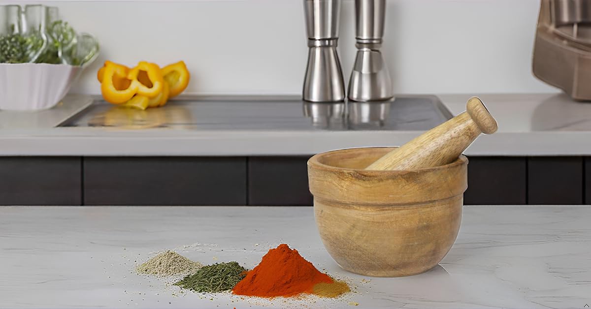 Handmade Indian Wooden Mortar and Pestle Set - Natural Rustic Style Herb & Spice Grinder, Masala Mixer, Manual Kharal for Crushing Seasonings & Pills - Perfect Kitchen Utensil & Housewarming Gift for Ayurvedic Cooking, Herbal Remedies & Spice Preparation