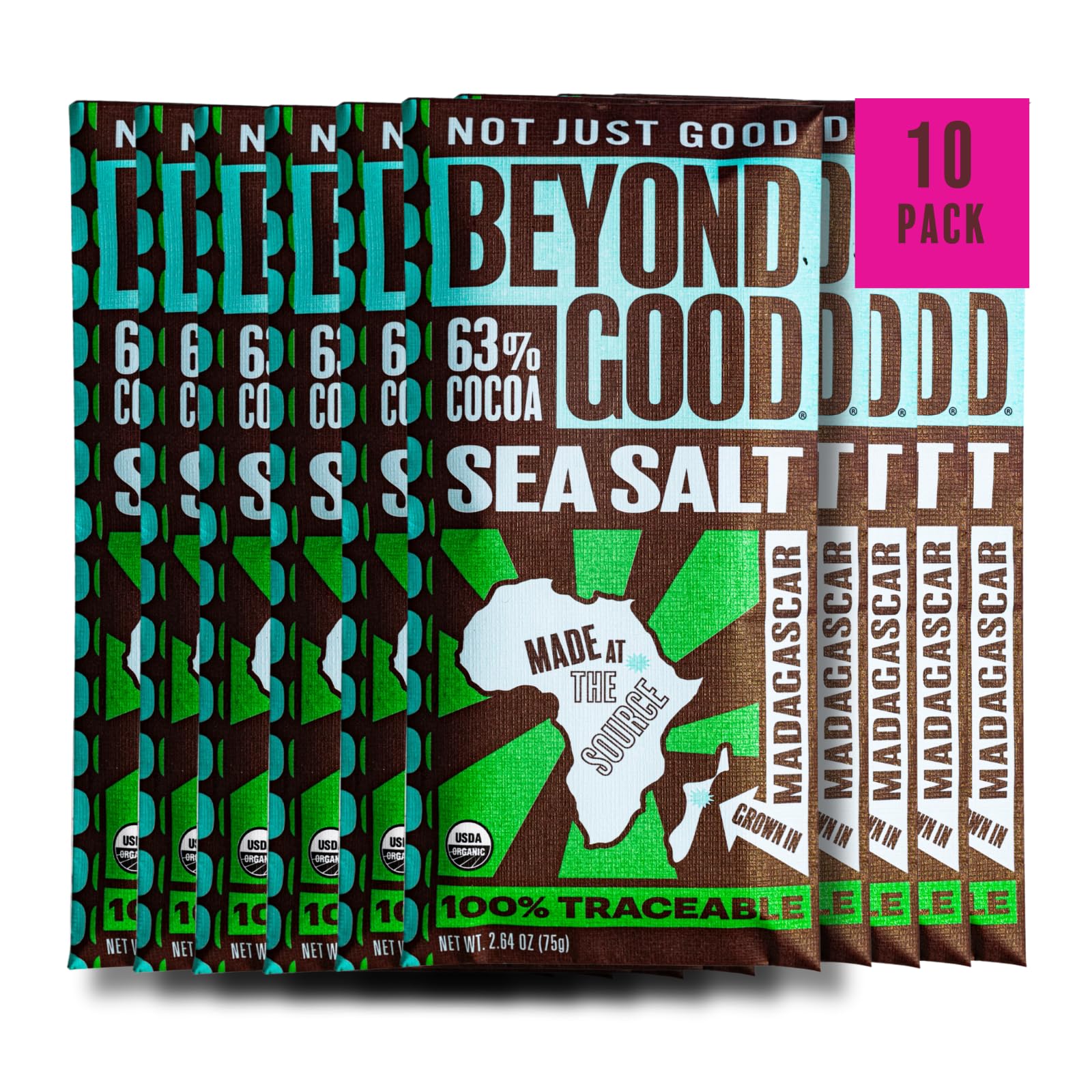 Beyond Good Organic Dark Chocolate Bars 10-Pack | Single Origin Uganda, 63% Cacao | Vegan, Kosher, Non-GMO, Direct Trade | Perfect for Gifts, Baking & Healthy Snacking