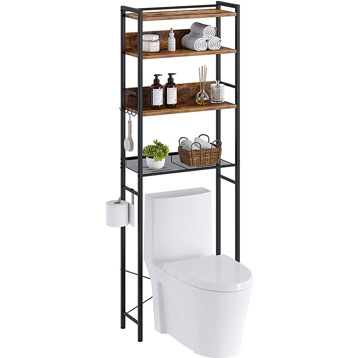 4-Tier Over-The-Toilet Bathroom Storage Shelf - Wooden Freestanding Towel Rack with 3 Hooks & Toilet Paper Holder - Space Saving Bathroom Organizer for Small Bathrooms, Apartments & Dorms