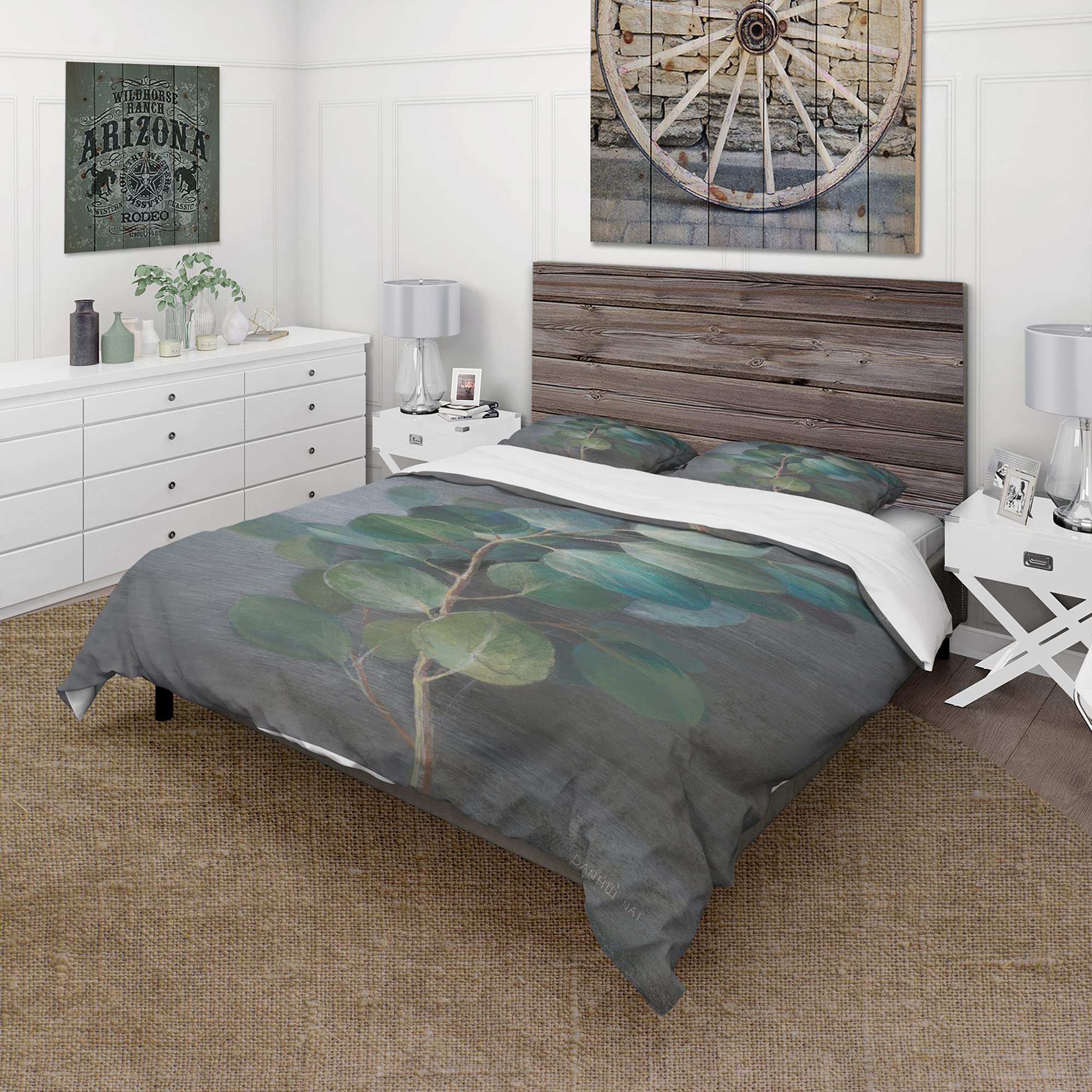 DesignQ Fresh Leaves Farmhouse Duvet Cover Set - Blue Floral Twin Bedding Set (3-Piece) | All-Season Farmhouse Style for Cozy Bedroom Decor