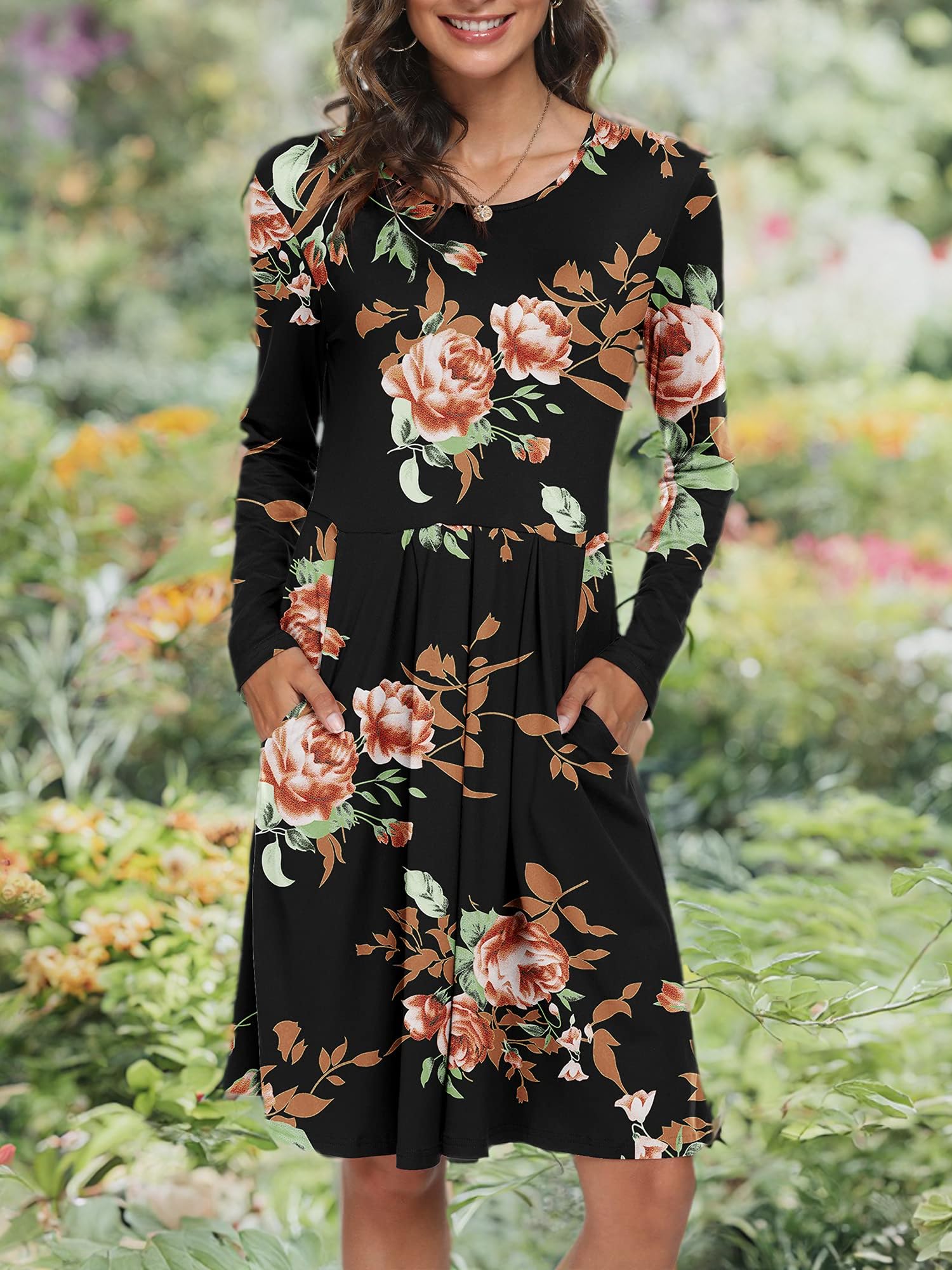 DouBCQ Women's Casual Long Sleeve Flowy Pleated Fall Dresses with Pockets - Elegant Office Wear & Autumn Date Outfit